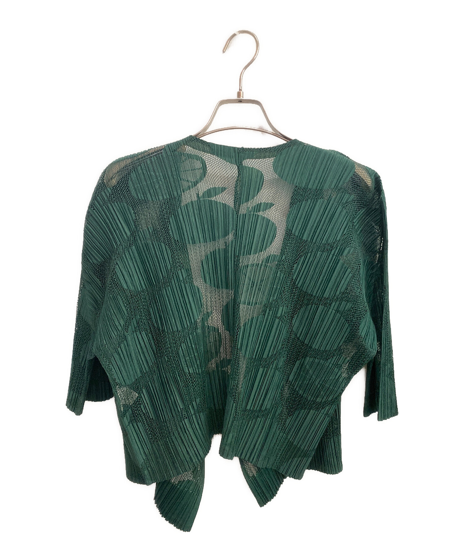 PLEATS PLEASE カーディガン 長袖 オリーブ サイズ4 中古・古着通販】PLEATS PLEASE (プリーツプリーズ) 果物柄のメッシュ