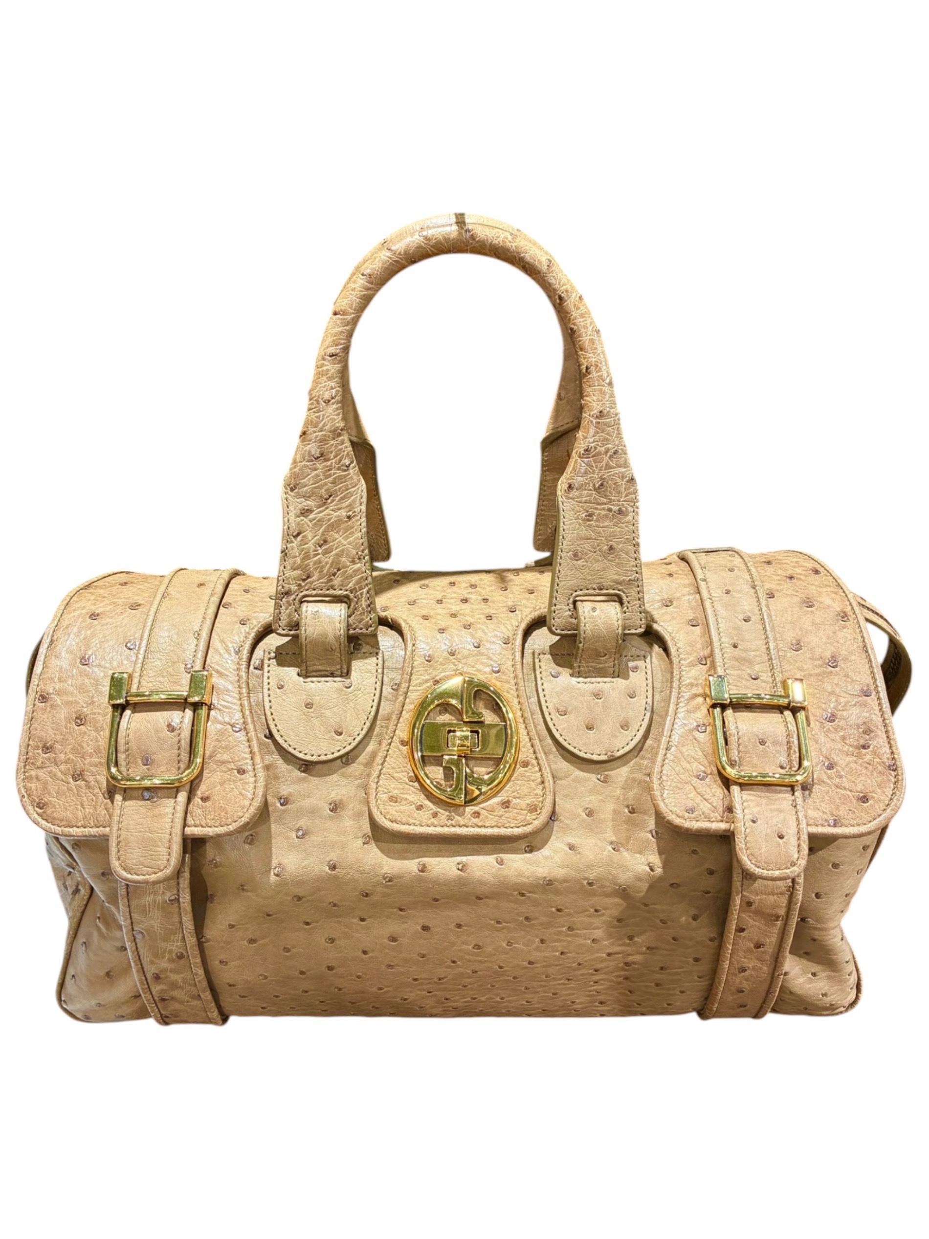 グッチ GUCCI ボストンバッグ エナメル　ゴールド系 中古・古着通販】GUCCI (グッチ) オーストリッチボストンバッグ/251822