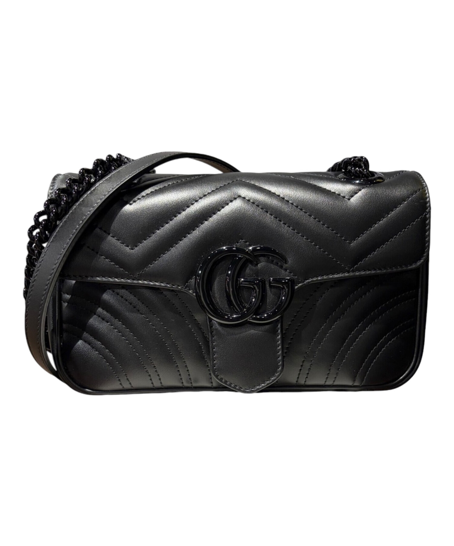 GUCCI キルティング ショルダーバッグ ブラック 中古・古着通販】GUCCI (グッチ) GGマーモントシェブロン キルティング