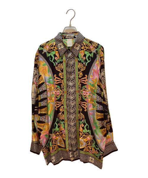 希少 ジャンニ ヴェルサーチ 半袖 ポロシャツ シャツ 総柄 カラフル 46 M ジャンニヴェルサーチGIANNI VERSACE バロック柄半袖ボタンフライ