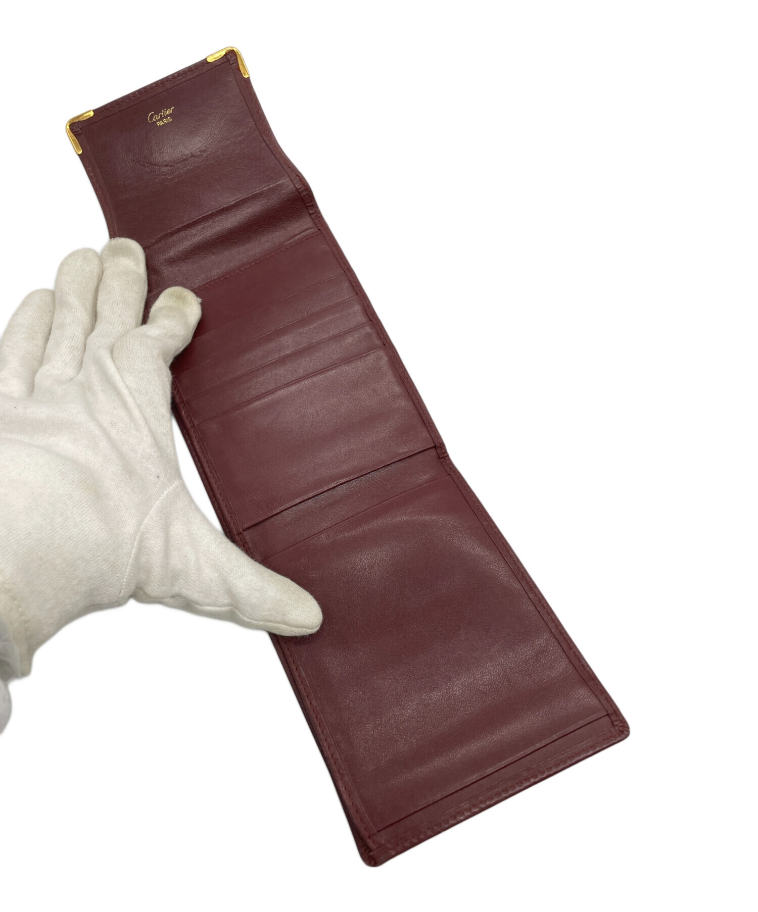 中古・古着通販】Cartier (カルティエ) 3つ折り財布 ボルドー×ゴールド