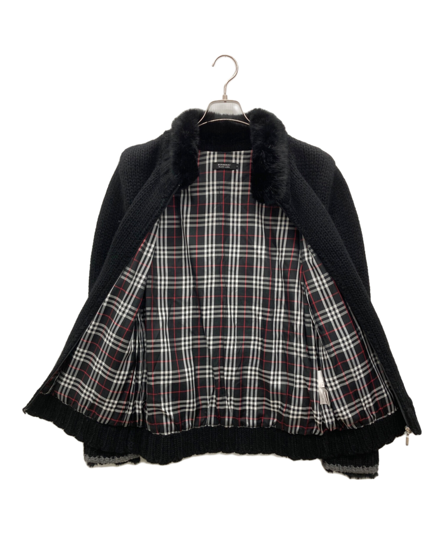 美品✨バーバリーブラックレーベル　ラビットファーニットブルゾン　ノバチェック　黒 中古・古着通販】BURBERRY BLACK LABEL (バーバリーブラックレーベル