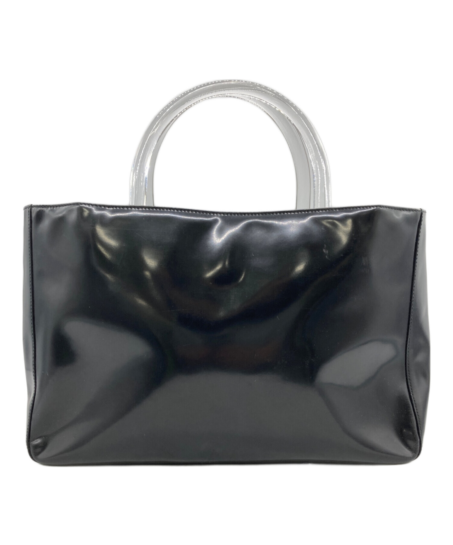 [美品] PRADA エナメル　ビンテージハンドバッグ　ブラック　ロゴ型押し 中古・古着通販】PRADA (プラダ) エナメルハンドバッグ ブラック