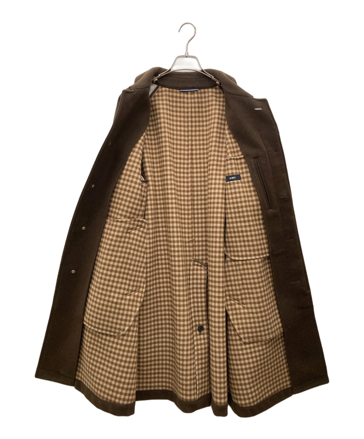 SHIPS スライバーチェックコート(ブラウン) 中古・古着通販】SHIPS (シップス) コート ブラウン サイズ:L