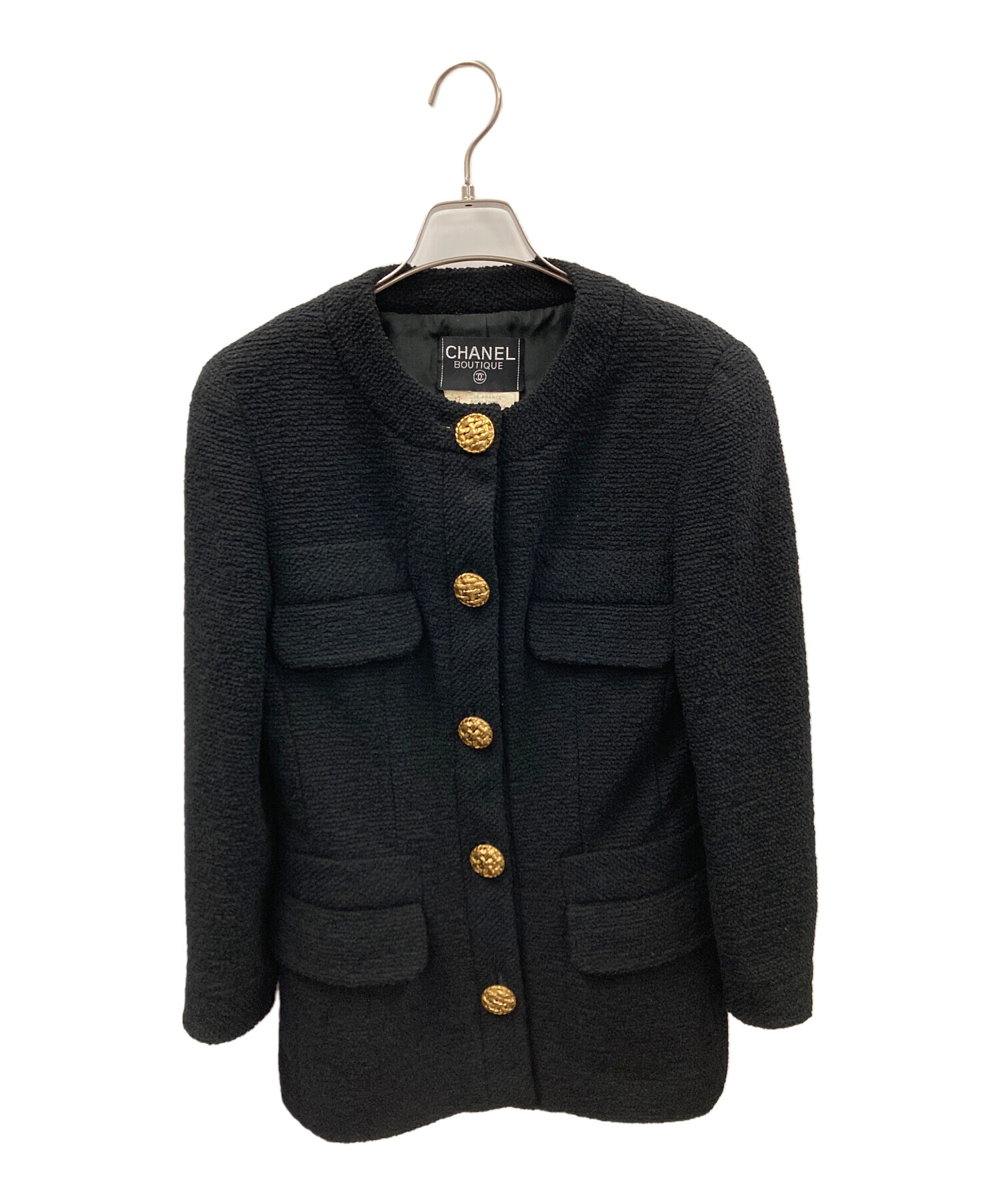 CHANEL ノーカラージャケット ブラック サイズ38 ヴィンテージ 中古・古着通販】CHANEL (シャネル) ノーカラージャケット ブラック