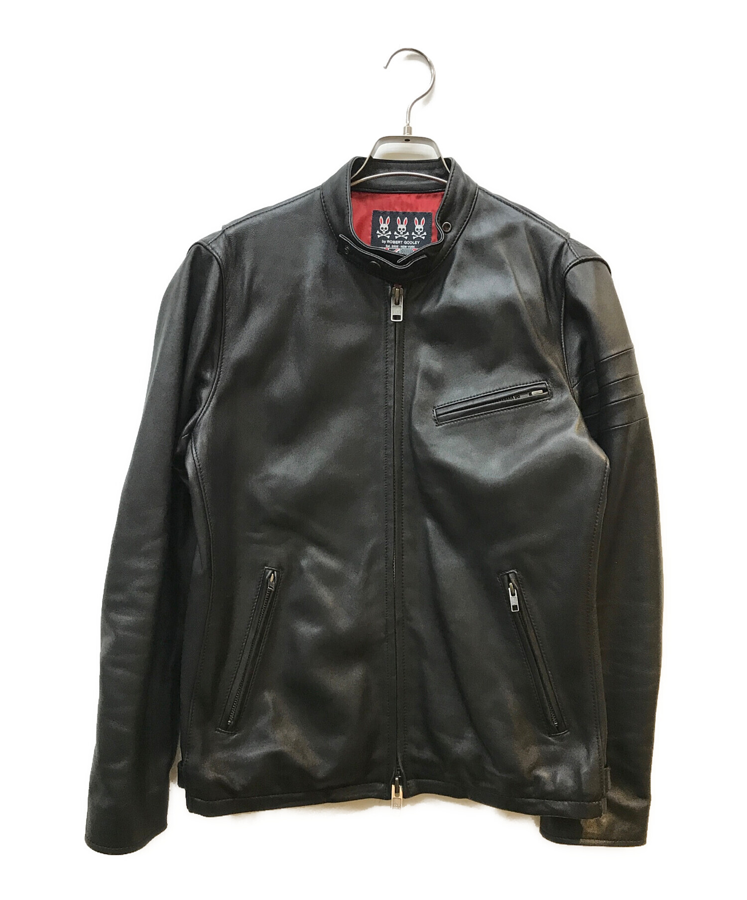 【美品】サイコバニー 羊革 シングルライダースレザージャケット アイボリー L サイコバニー 羊革 シングルライダースレザージャケット