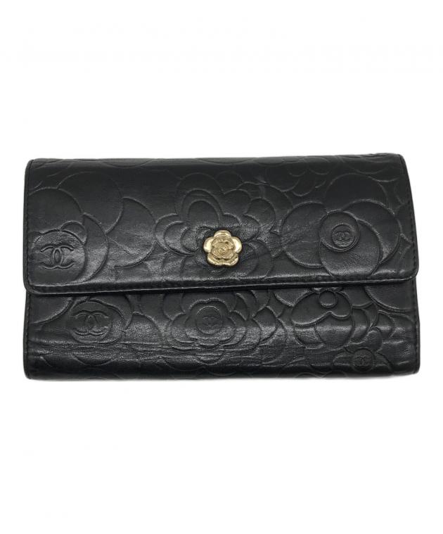 VINTAGE シャネル カメリア ロングウォレット ブラック 中古・古着通販】CHANEL (シャネル) カメリア ロングウォレット