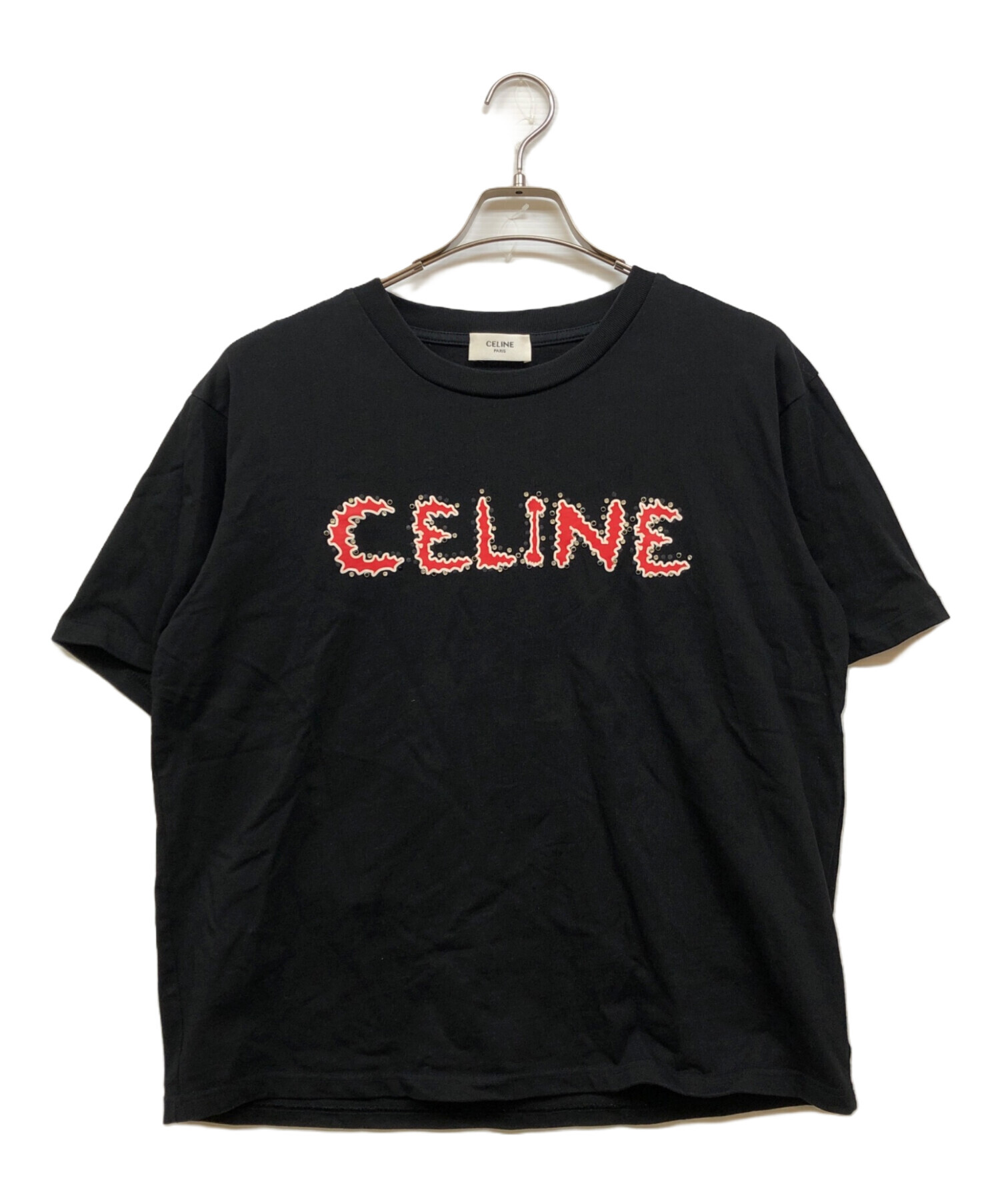 【CELINE】ロゴ ビジュー ラインストーン Tシャツ 中古・古着通販】CELINE (セリーヌ) ラインストーンロゴTシャツ レッド