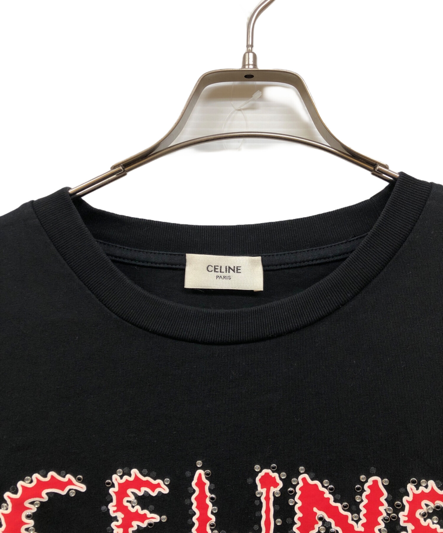【CELINE】ロゴ ビジュー ラインストーン Tシャツ 中古・古着通販】CELINE (セリーヌ) ラインストーンロゴTシャツ レッド