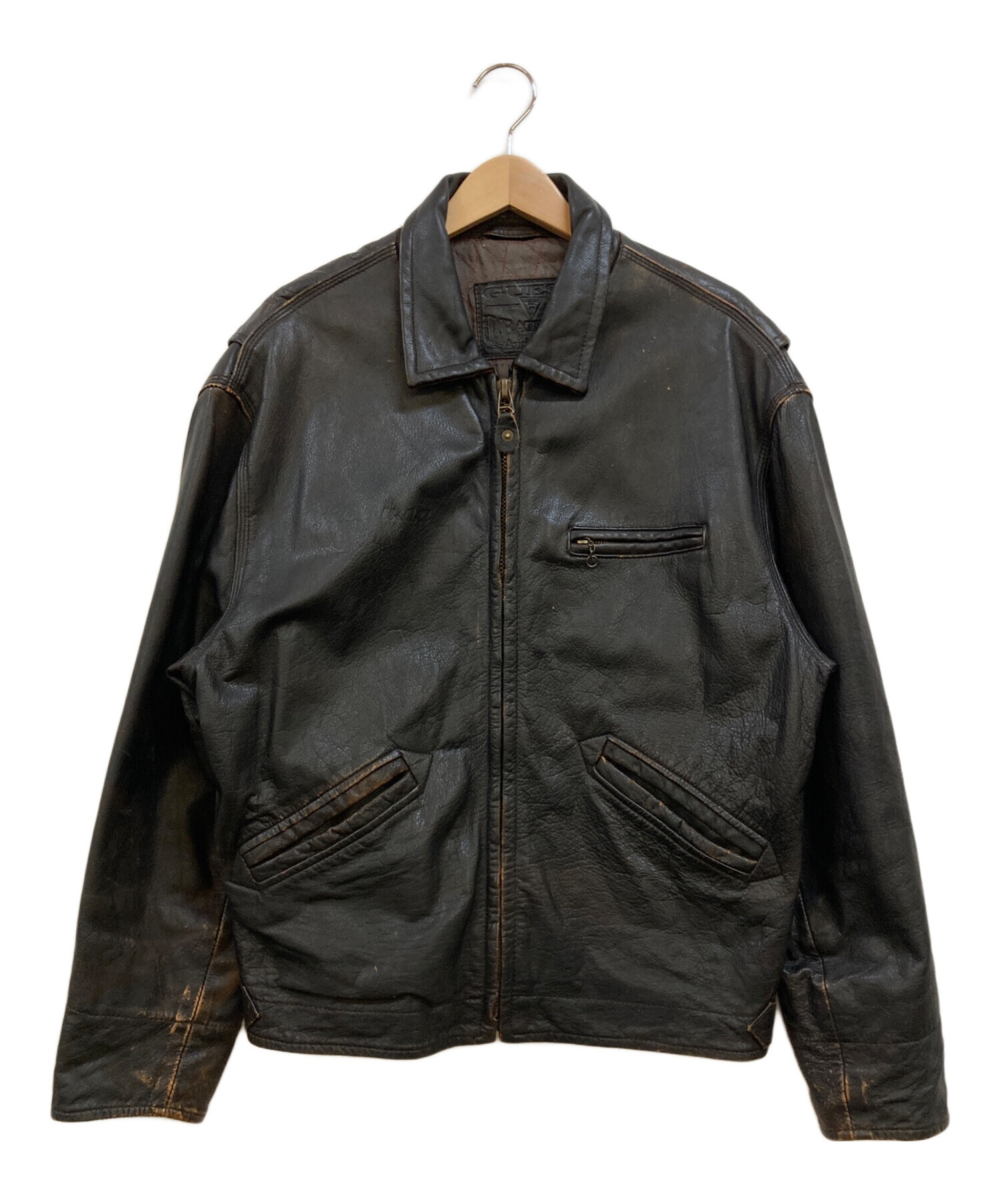 中古・古着通販】GUESS (ゲス) ジップアップレザージャケット ブラック