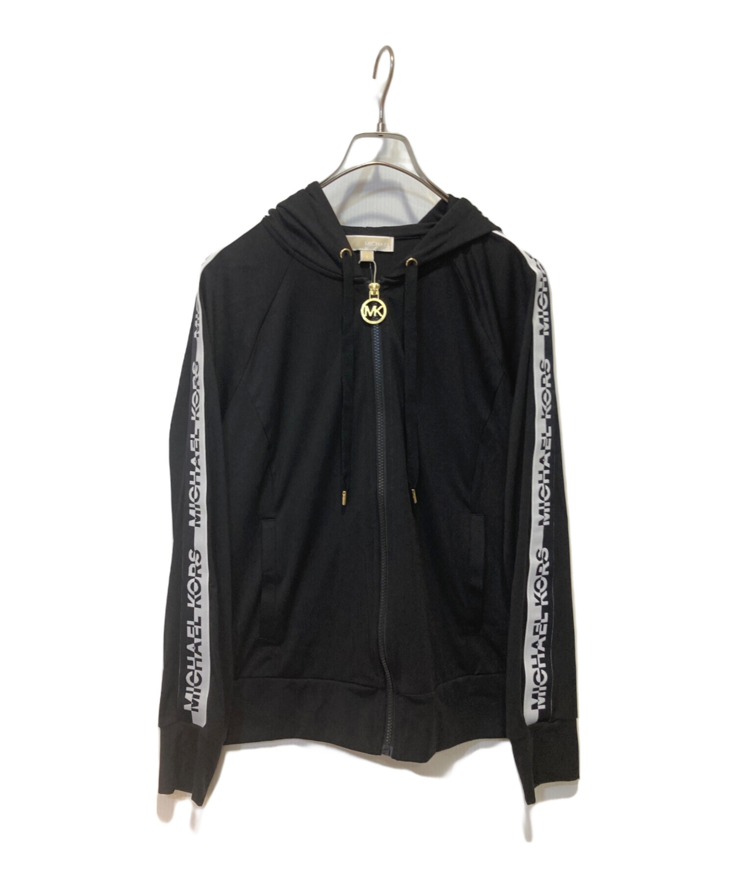 マイケルコースジップパーカー黒 ロゴ テープ コットン ジップアップ フーディー | トップス