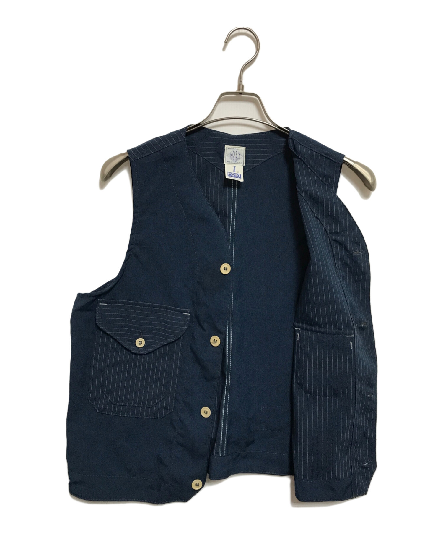 POST O'ALLS ネイビー ベスト M 中古・古着通販】POST O'ALLS (ポストオーバーオールズ) 切替ベスト