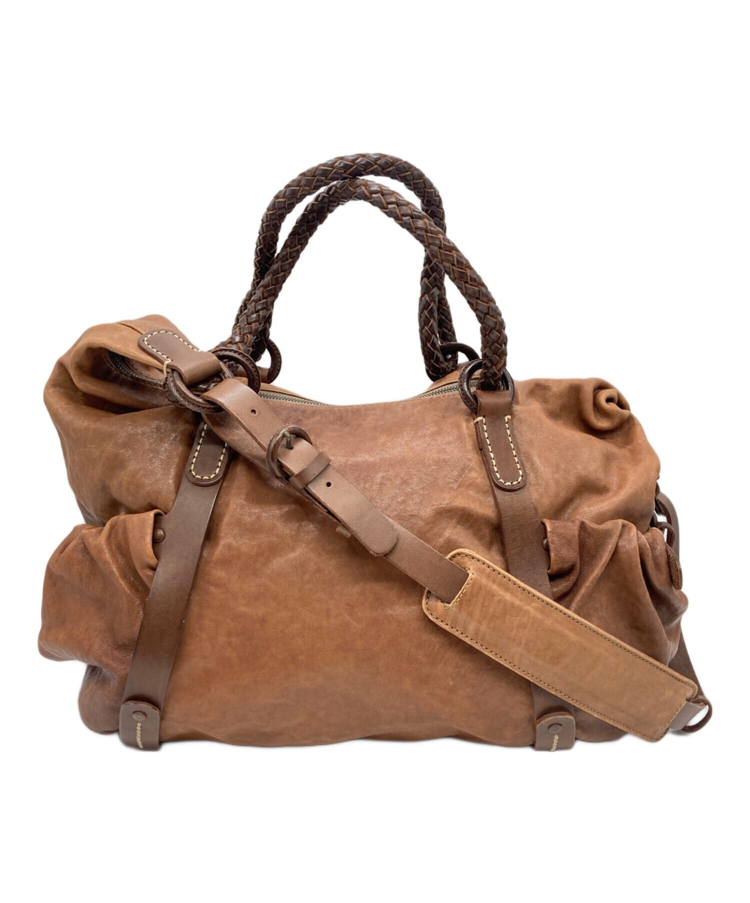 genten ボストンバッグ ブラウン 中古・古着通販】genten (ゲンテン) 2WAYレザーボストンバッグ