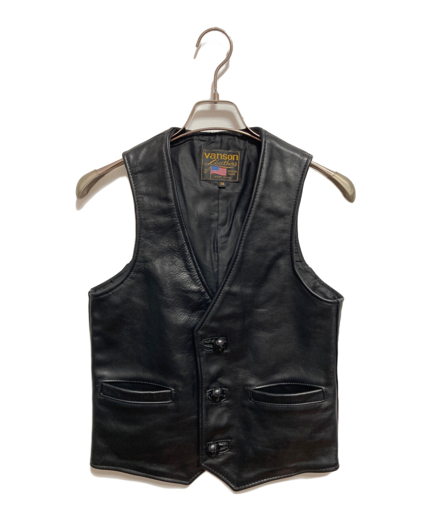 サイズ38 バンソン vanson レザーベスト　ジッパー 中古・古着通販】VANSON (バンソン) レザーベスト ブラック サイズ:34