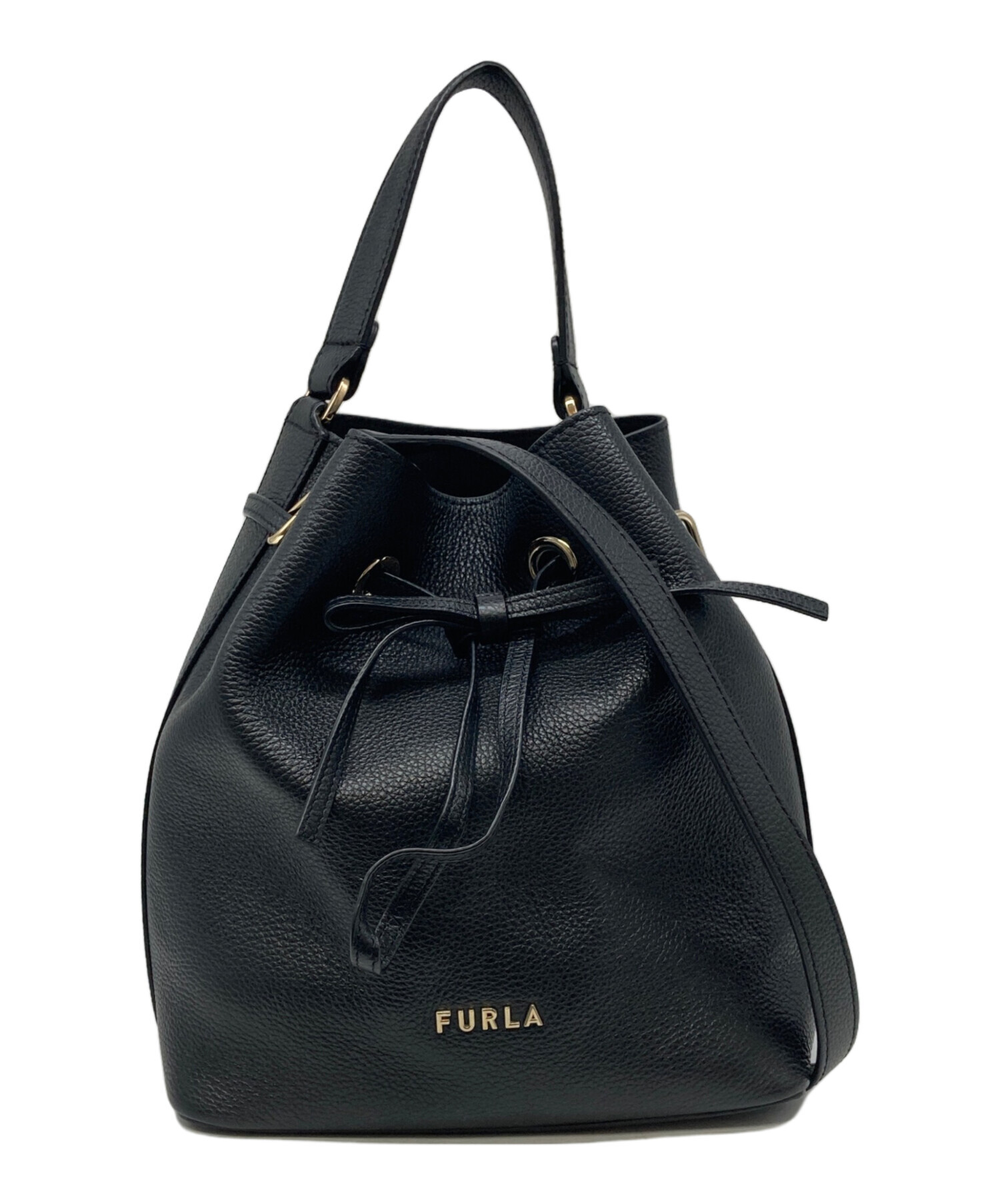 未使用級✨フルラ コスタンザ 巾着バッグ ショルダーストラップ付き レザー 黒 中古・古着通販】FURLA (フルラ) コスタンザ巾着ショルダーバッグ