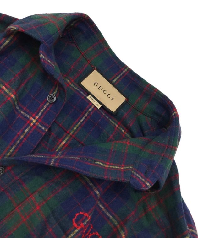 中古・古着通販】GUCCI (グッチ) ロゴ刺繍チェックシャツ ネイビー