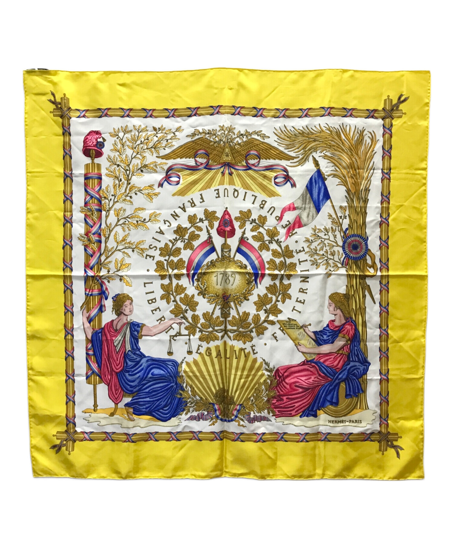 HERMES エルメス カレ90 スカーフ 美品 イエロー シルク100％ メキシコ 大仏 レディース スカーフ カレ 絹 服飾小物 美品 エルメス HERMES ミニスカーフカレ45 イエロー 箱付き 展覧会限定