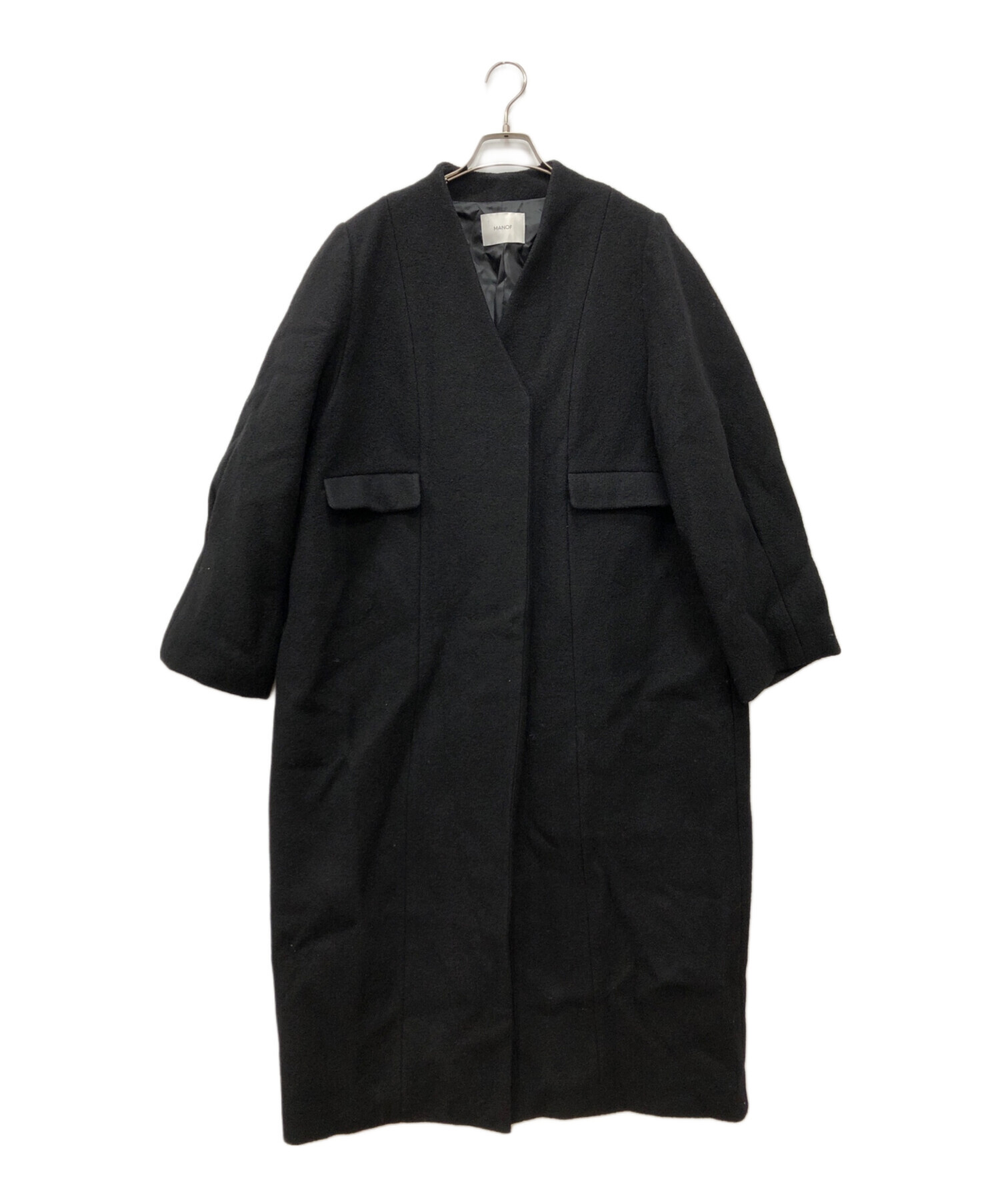 中古・古着通販】MANOF (マノフ) COLLARLESS LONG COAT ブラック
