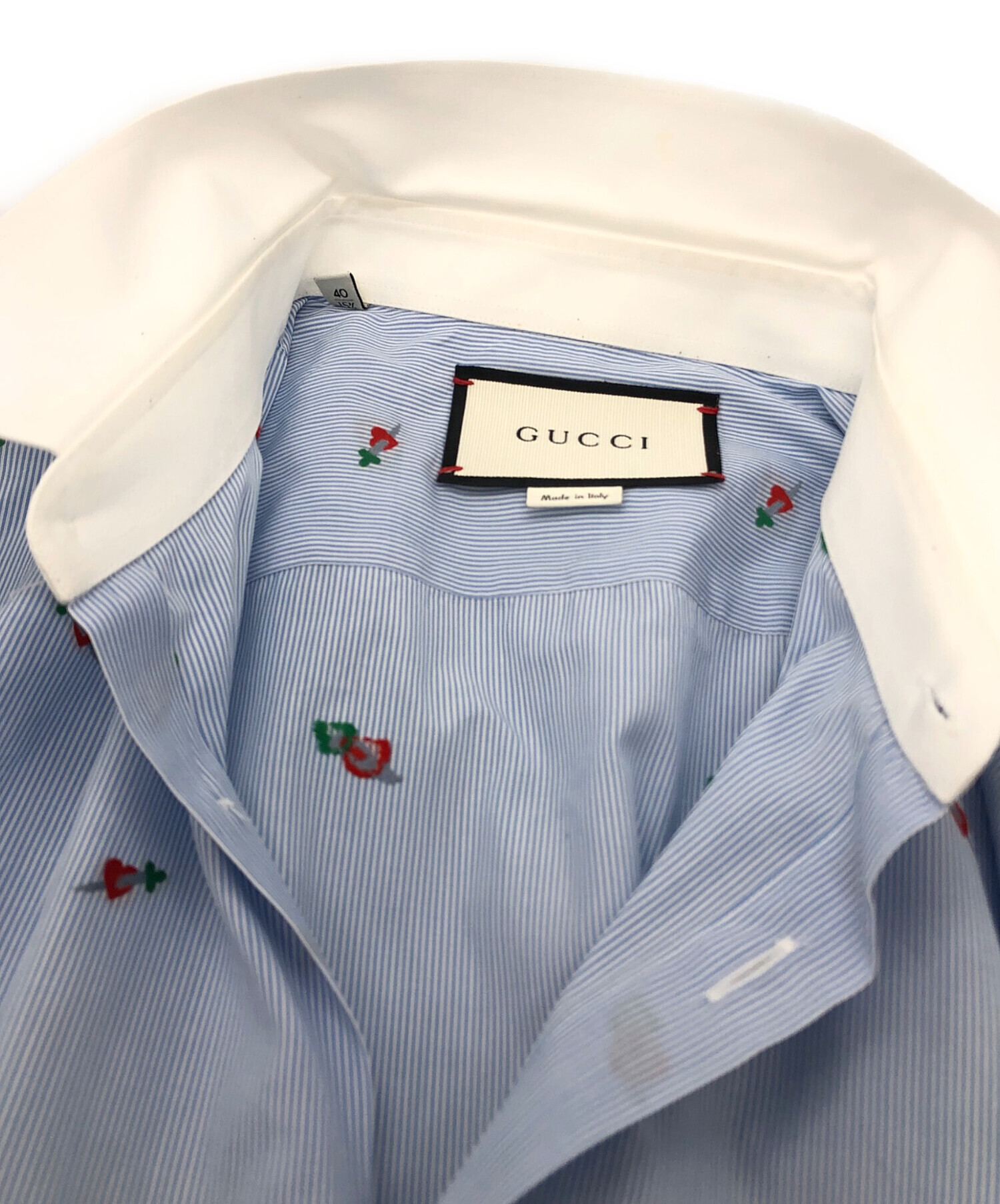 中古・古着通販】GUCCI (グッチ) 長袖ハート柄ストライプシャツ ブルー