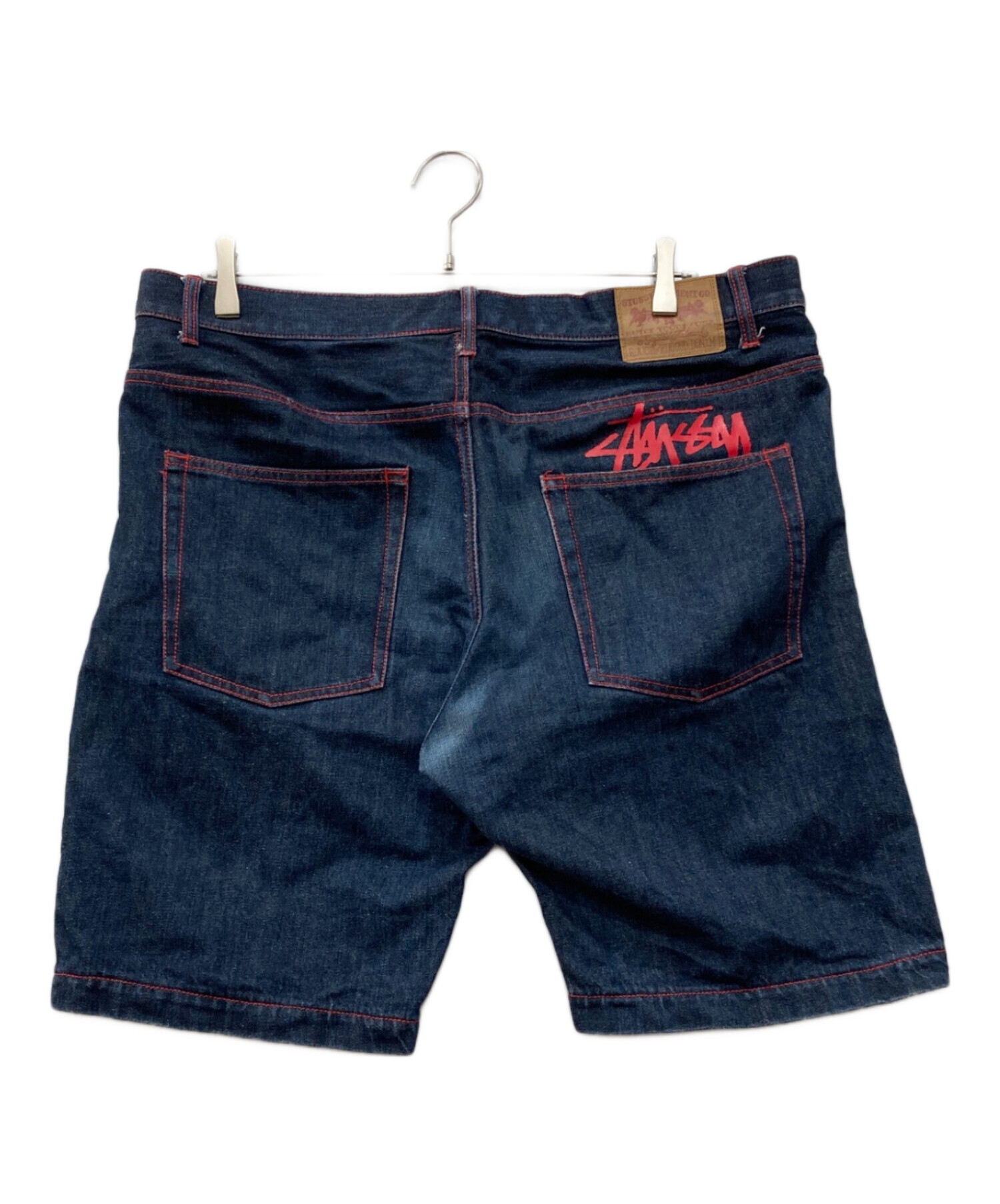 STUSSY 紺 ピンク デニムハーフパンツ 中古・古着通販】stussy (ステューシー) レッドステッチハーフデニム