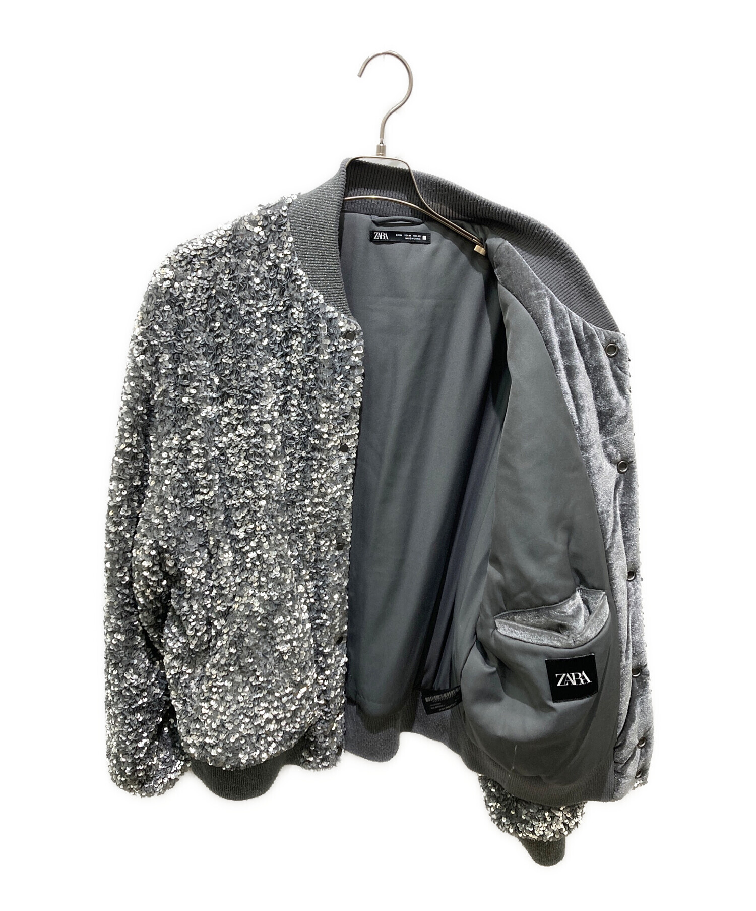ZARA スパンコールジャケット タグ付き 中古・古着通販】ZARA (ザラ) スパンコールジャケット グレー サイズ:M
