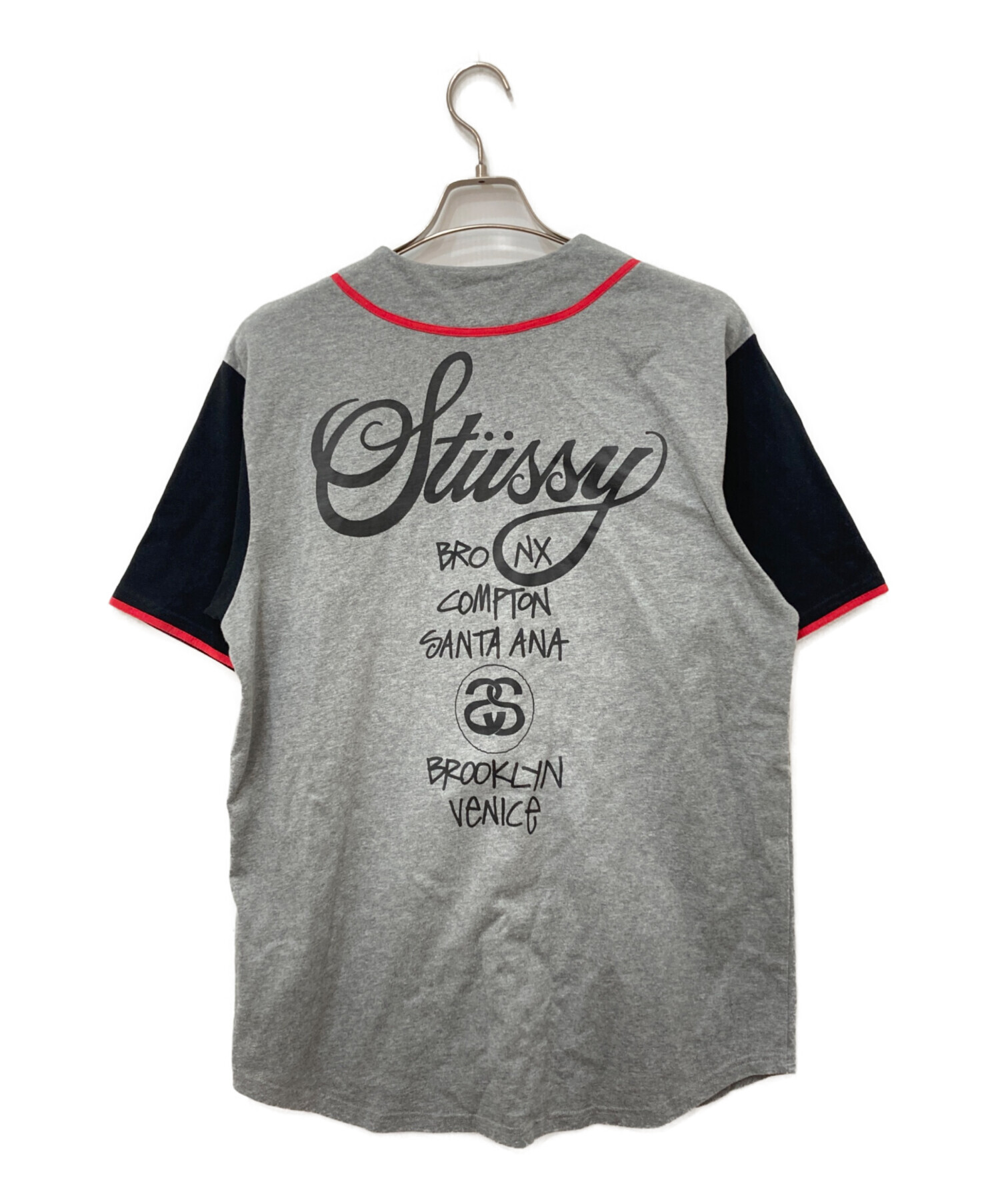 STUSSY ステューシー ベースボールシャツ　メッシュ　刺繍ロゴ　L 中古・古着通販】stussy (ステューシー) ベースボールシャツ グレー