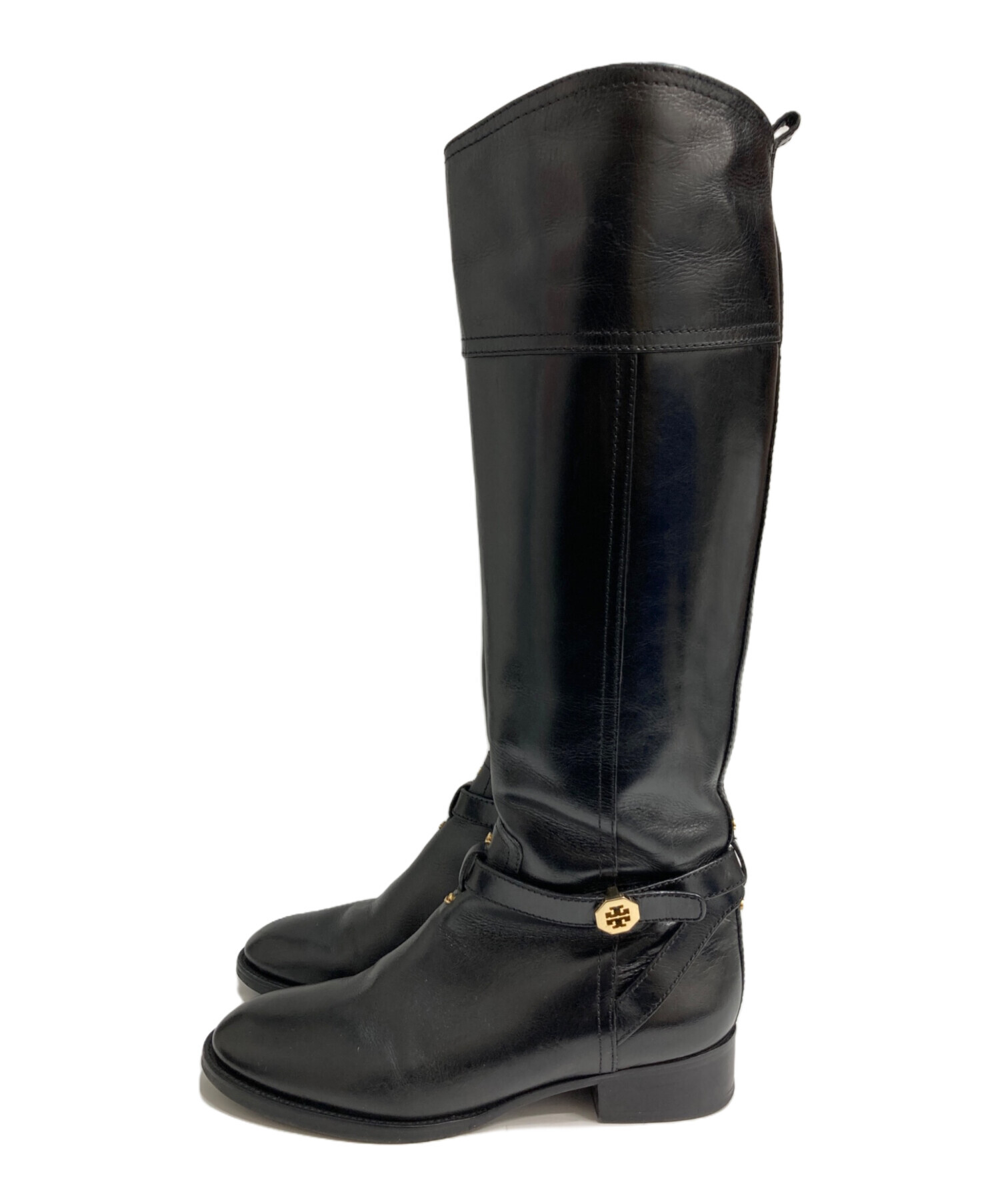 Tory Burch トリーバーチ ブラック レザーロングブーツ 金ロゴ24.5 中古・古着通販】TORY BURCH (トリーバーチ) ロングブーツ ブラック