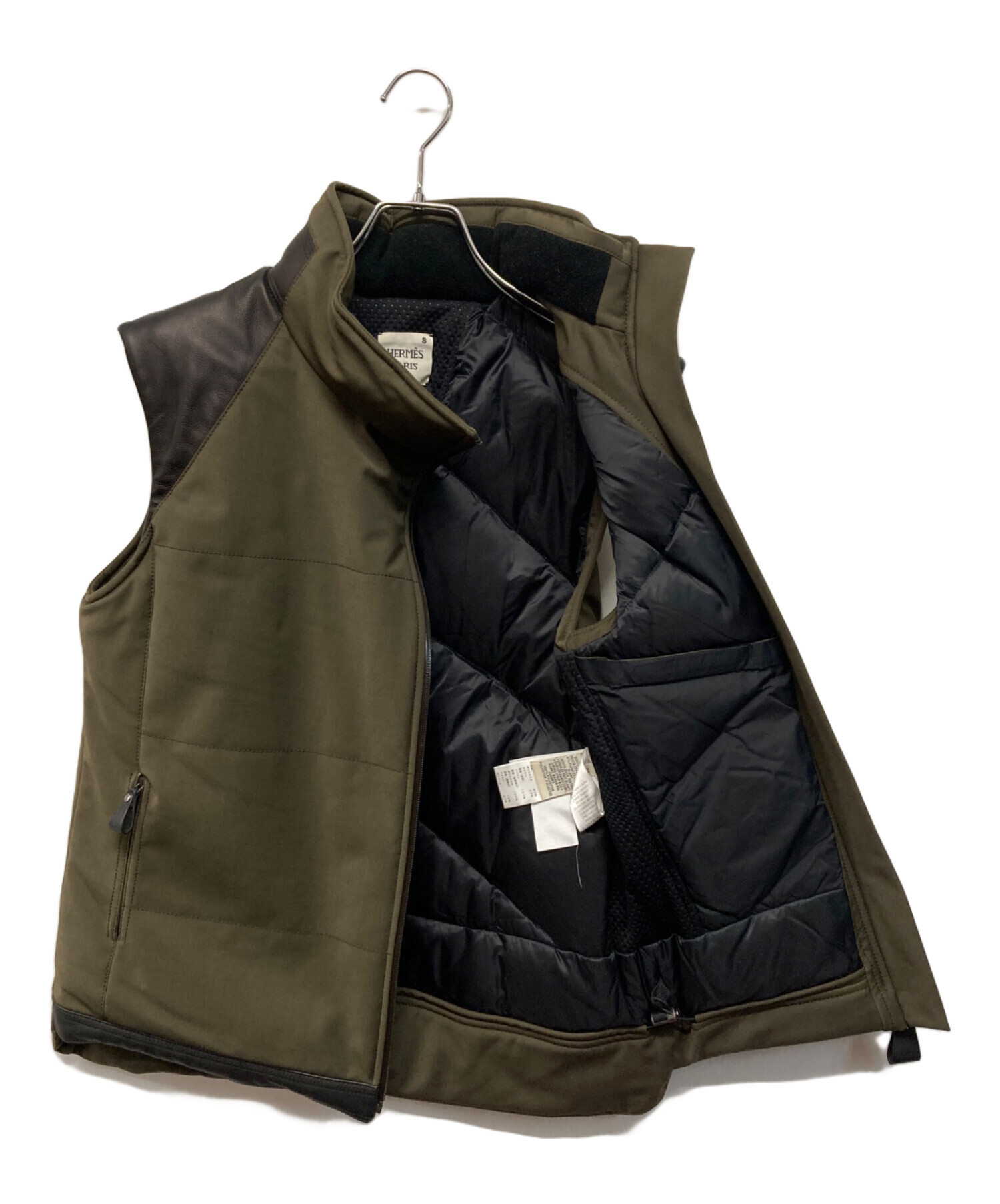 エルメス　カーキ キルティングダウンベスト 中古・古着通販】HERMES (エルメス) レザー切替ダウンベスト カーキ