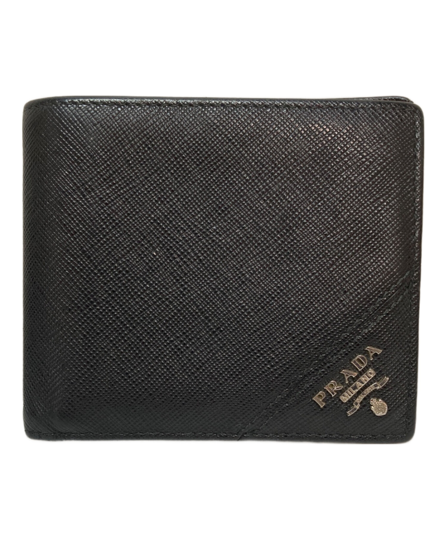 美品 プラダ 財布 二つ折り サフィアーノ レザー コンパクト メタルロゴ 黒 中古・古着通販】PRADA (プラダ) サフィアーノレザーウォレット 二