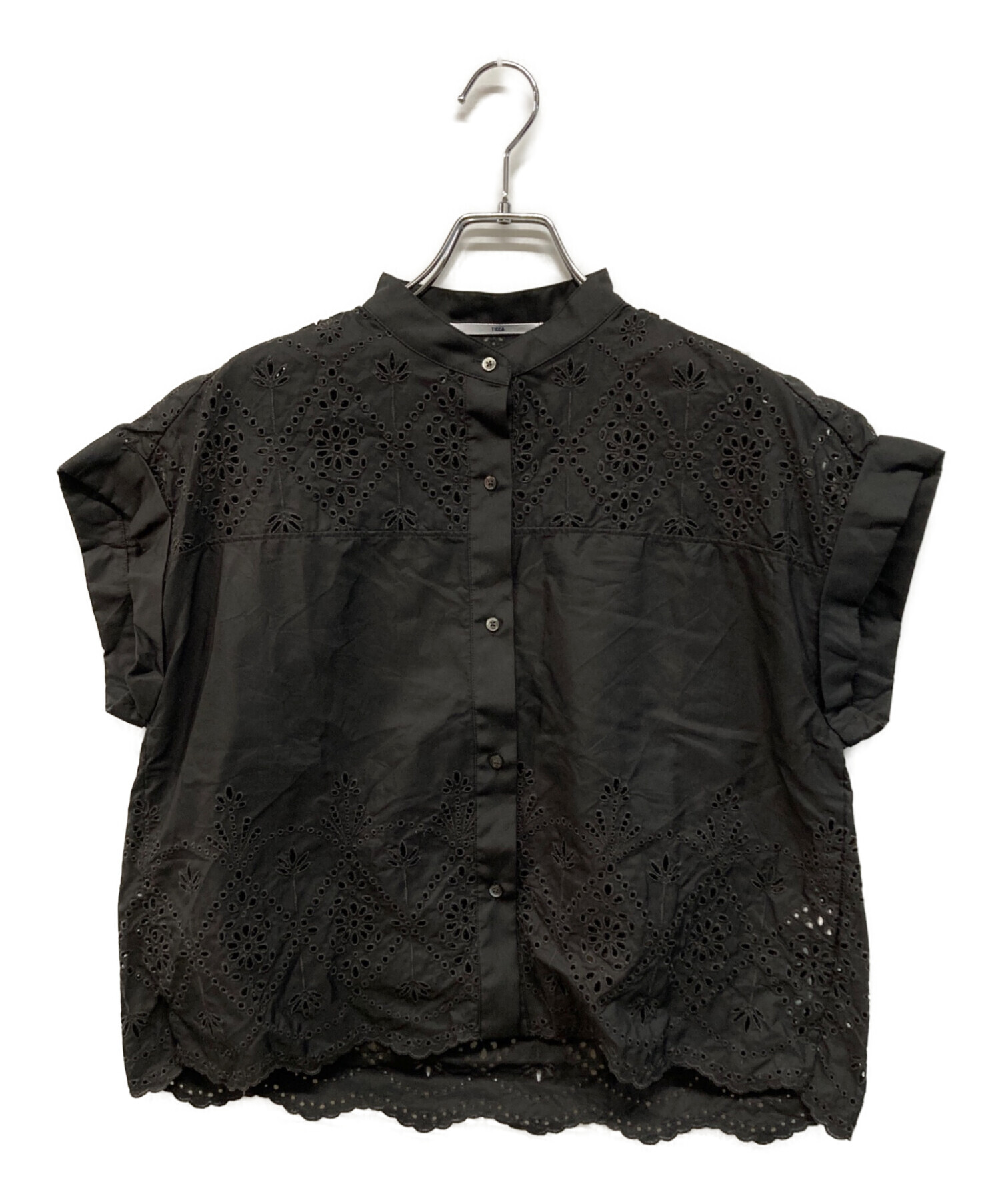 TICCA ティッカ レースフレンチシャツ カットワーク 半袖 ブラック 黒 中古・古着通販】TICCA (ティッカ) レース フレンチスリーブ シャツ