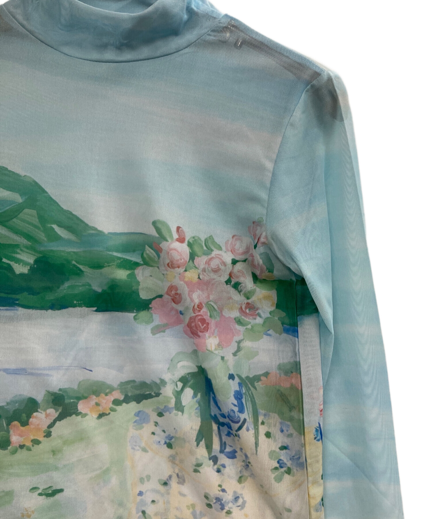 美品 23SS POPPY ポピー スワンプリント シアー ロングスリーブ カットソー サイズF ブルー レディース 古着 中古 USED 美品 23SS POPPY ポピー スワンプリント シアー ロングスリーブ