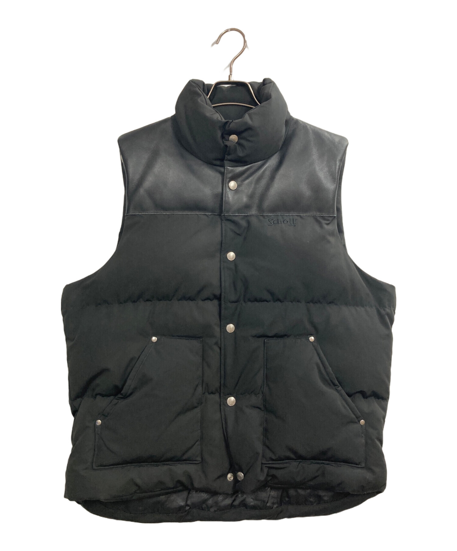 Schott ショット ダウンベスト ブラック レザー切替 中古・古着通販】Schott (ショット) レザー切替ダウンベスト ブラック