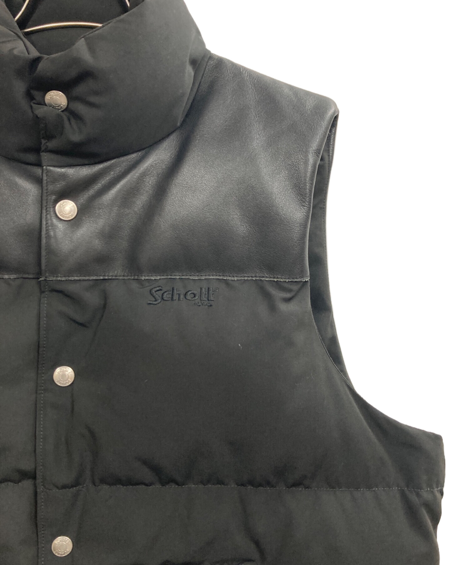 Schott ショット ダウンベスト ブラック レザー切替 中古・古着通販】Schott (ショット) レザー切替ダウンベスト ブラック