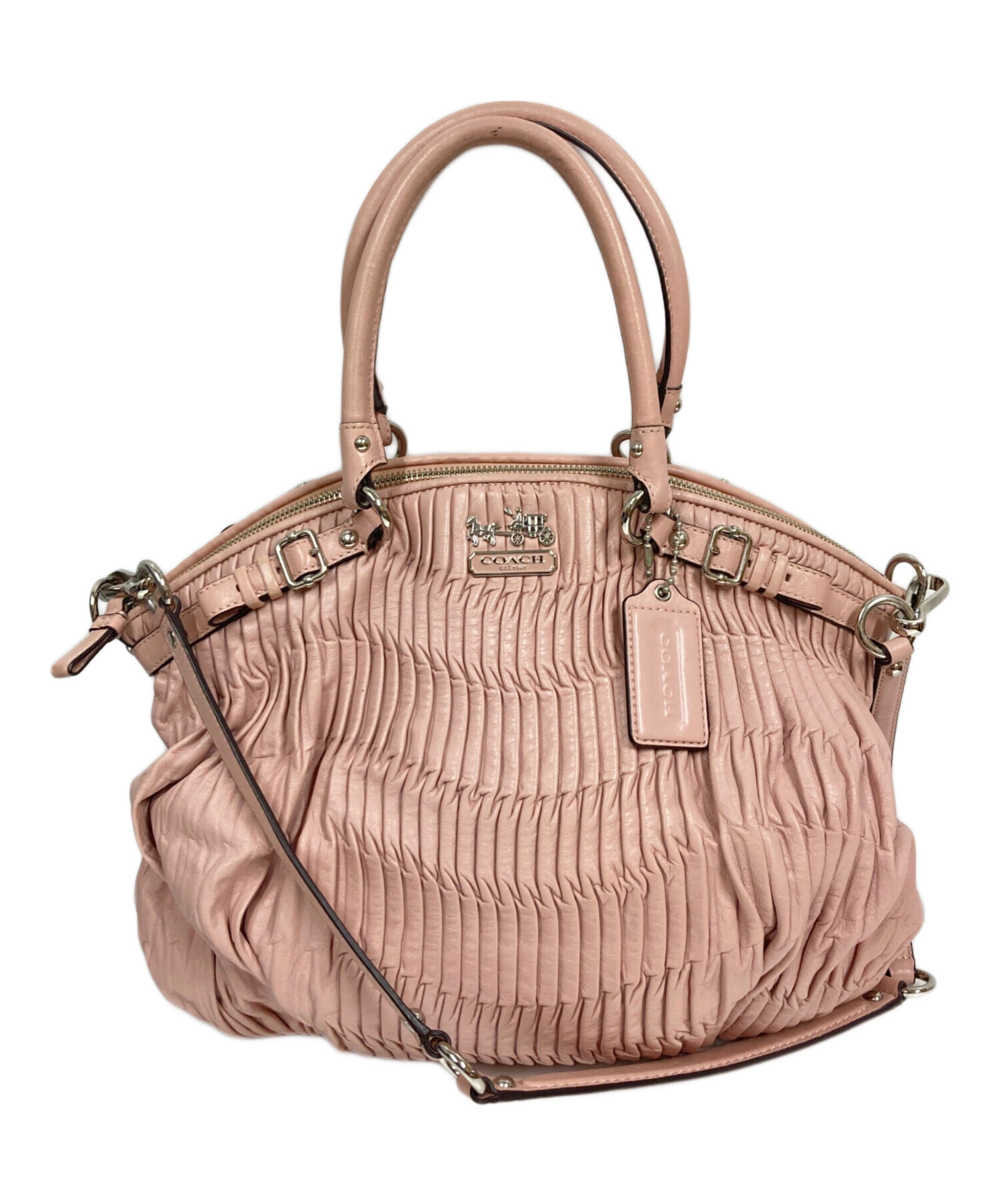 COACH コーチ マディソン オプアート サッチェル 2WAY ピンク 中古・古着通販】COACH (コーチ) マディソンギャザードレザーリンジー