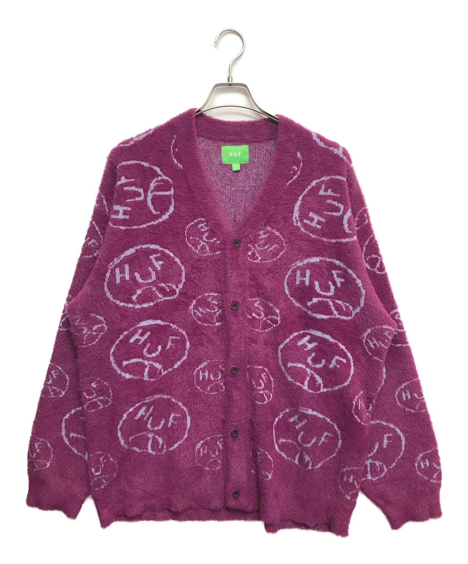 中古・古着通販】HUF (ハフ) 総柄ニットカーディガン パープル 中古・古着通販】HUF (ハフ) 総柄ニットカーディガン パープル