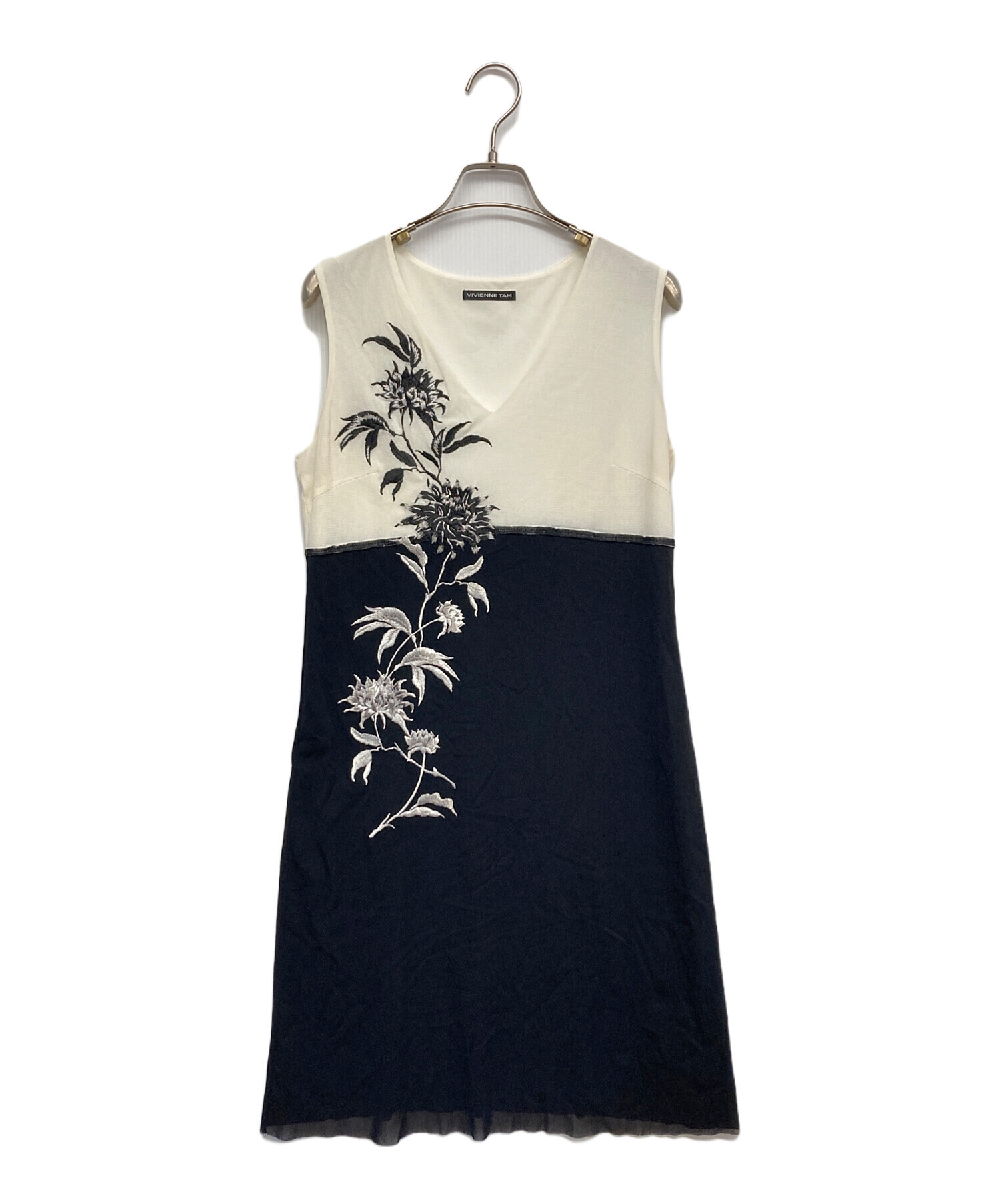 VIVIENNE TAM 蓮の花刺繍 パワーネット フレンチスリーブワンピースS VIVIENNE TAM 蓮の花刺繍 パワーネット フレンチスリーブワンピースS