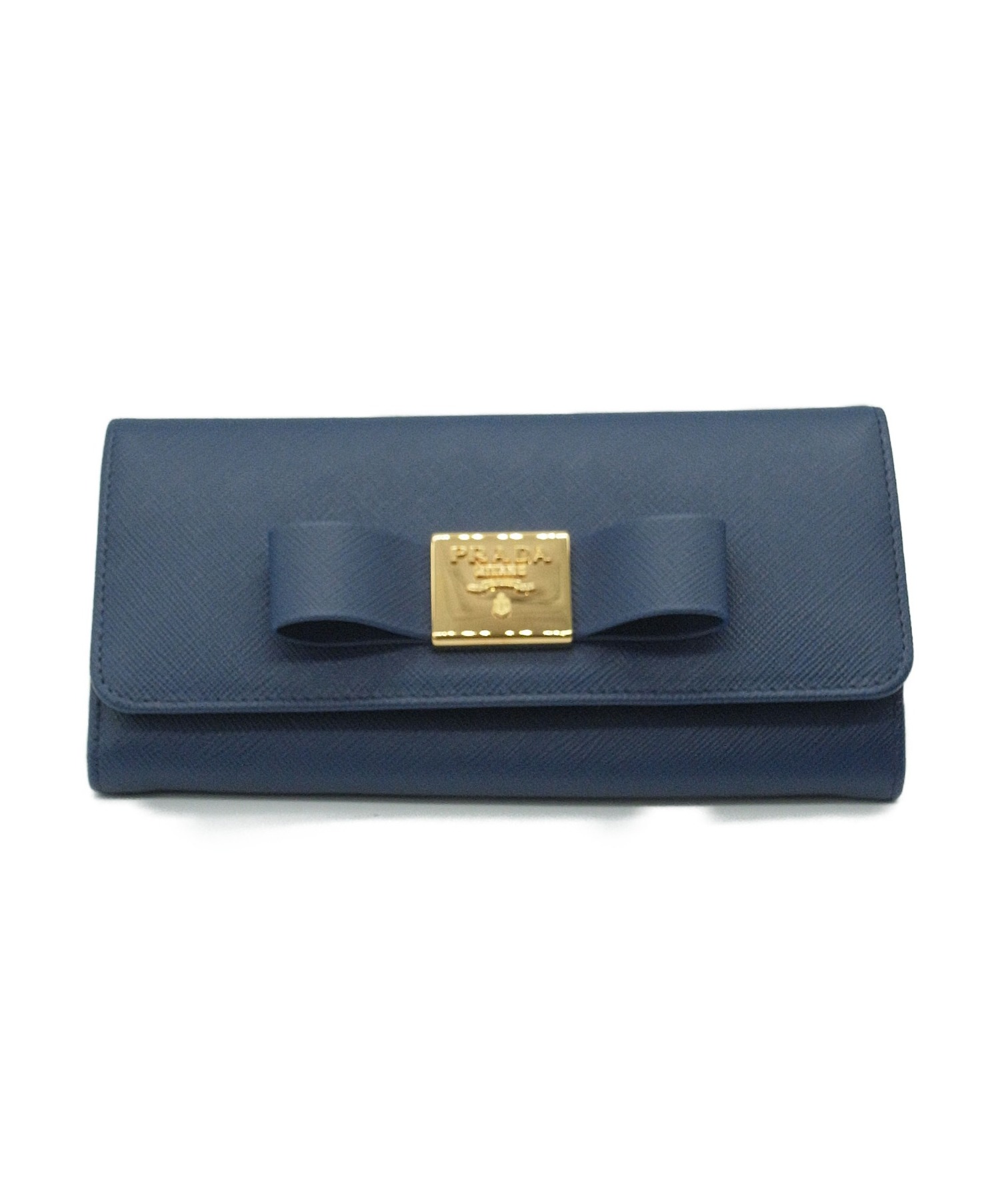 美品　プラダ　長財布 サフィアーノ フィオッコ ブルー メタルロゴ リボン 中古・古着通販】PRADA (プラダ) サフィアーノフィオッコリボン長財布