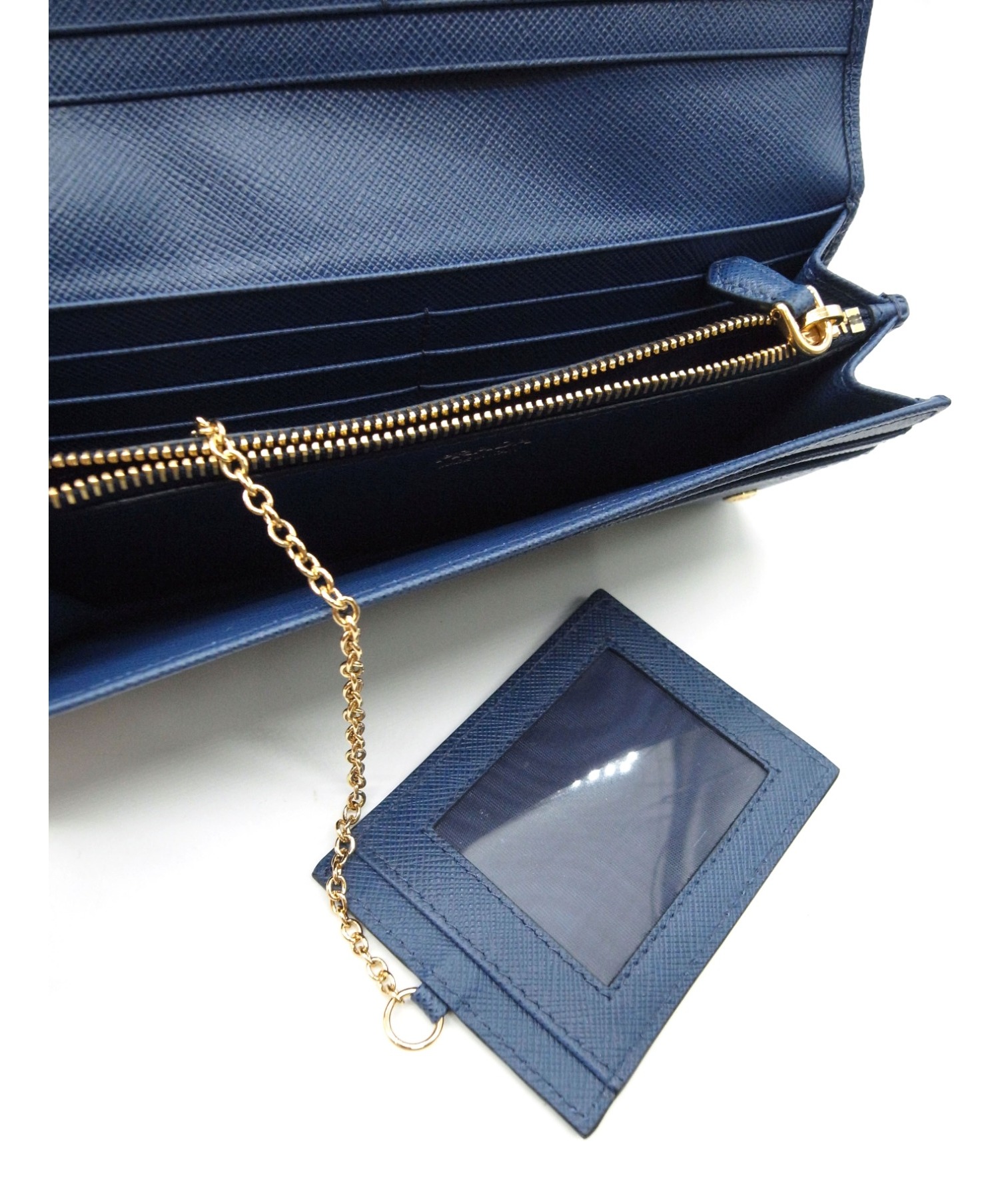 美品 プラダ　長財布 サフィアーノ フィオッコ ブルー メタルロゴ リボン 中古・古着通販】PRADA (プラダ) サフィアーノフィオッコリボン長財布