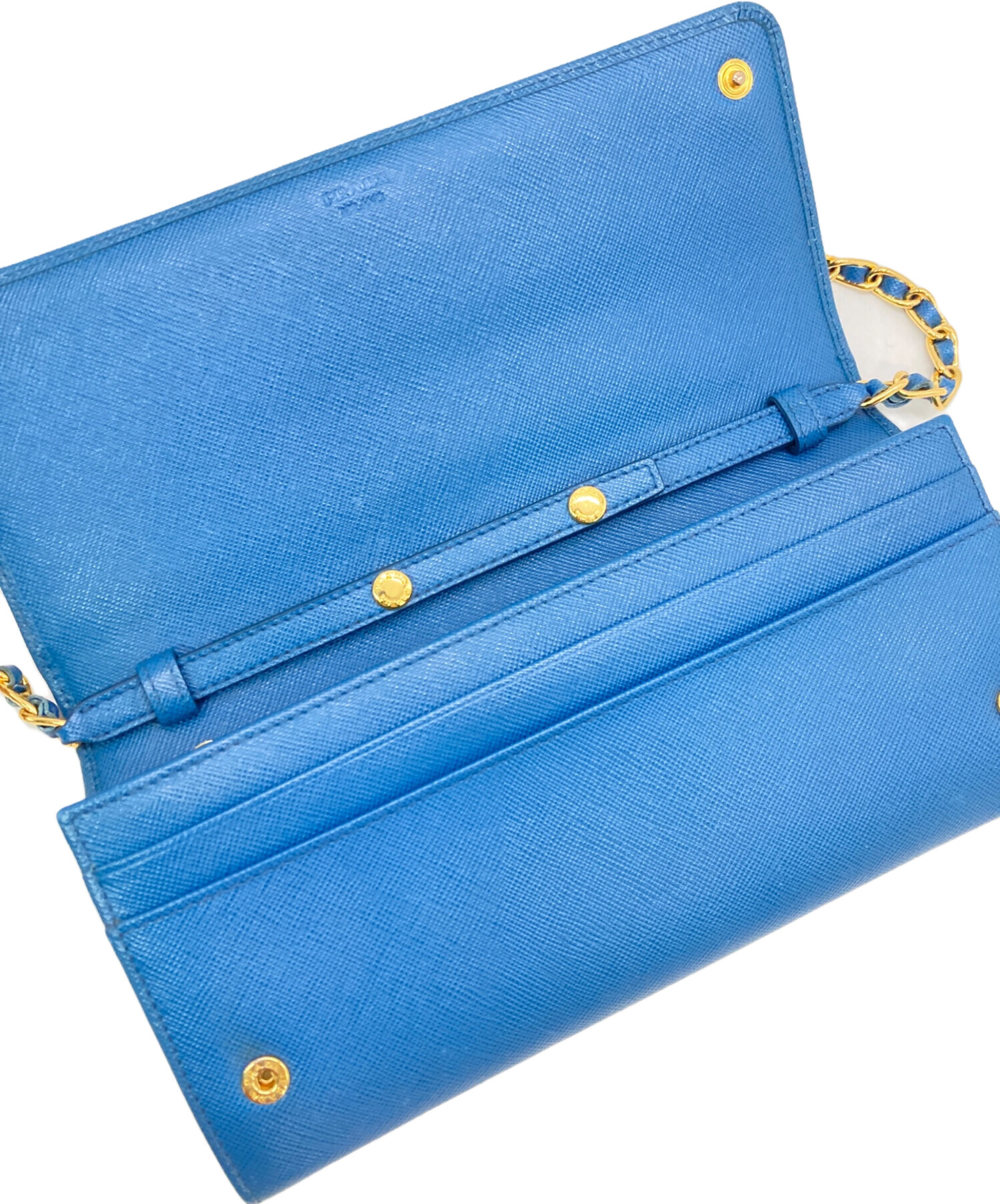 PRADA 長財布 チェーンウォレット サフィアーノレザー 金チェーン ブルー 中古・古着通販】PRADA (プラダ) サフィアーノメタル チェーン