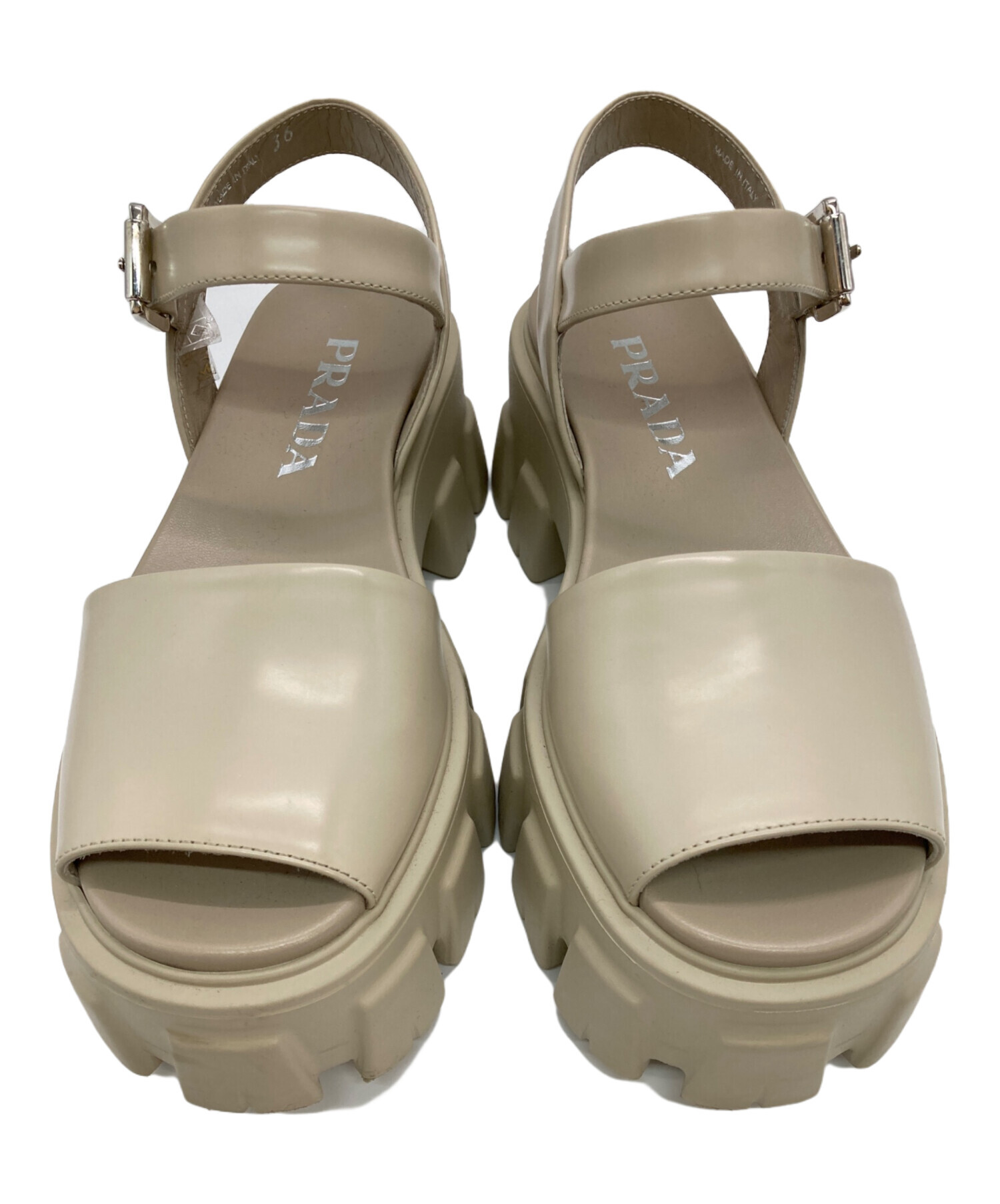 【美品】プラダ サンダル ミュール　サフィアーノ レザー　ベージュ ロゴ 37 中古・古着通販】PRADA (プラダ) モノリスブラッシュドレザーサンダル