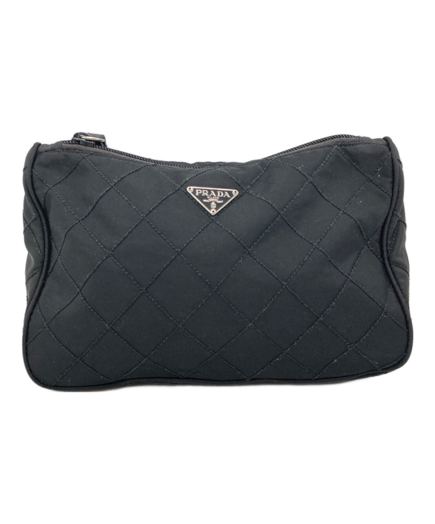 【美品・正規品】 プラダ PRADA アクセサリーポーチ 黒 キルティング風 中古・古着通販】PRADA (プラダ) トライアングルロゴキルティング