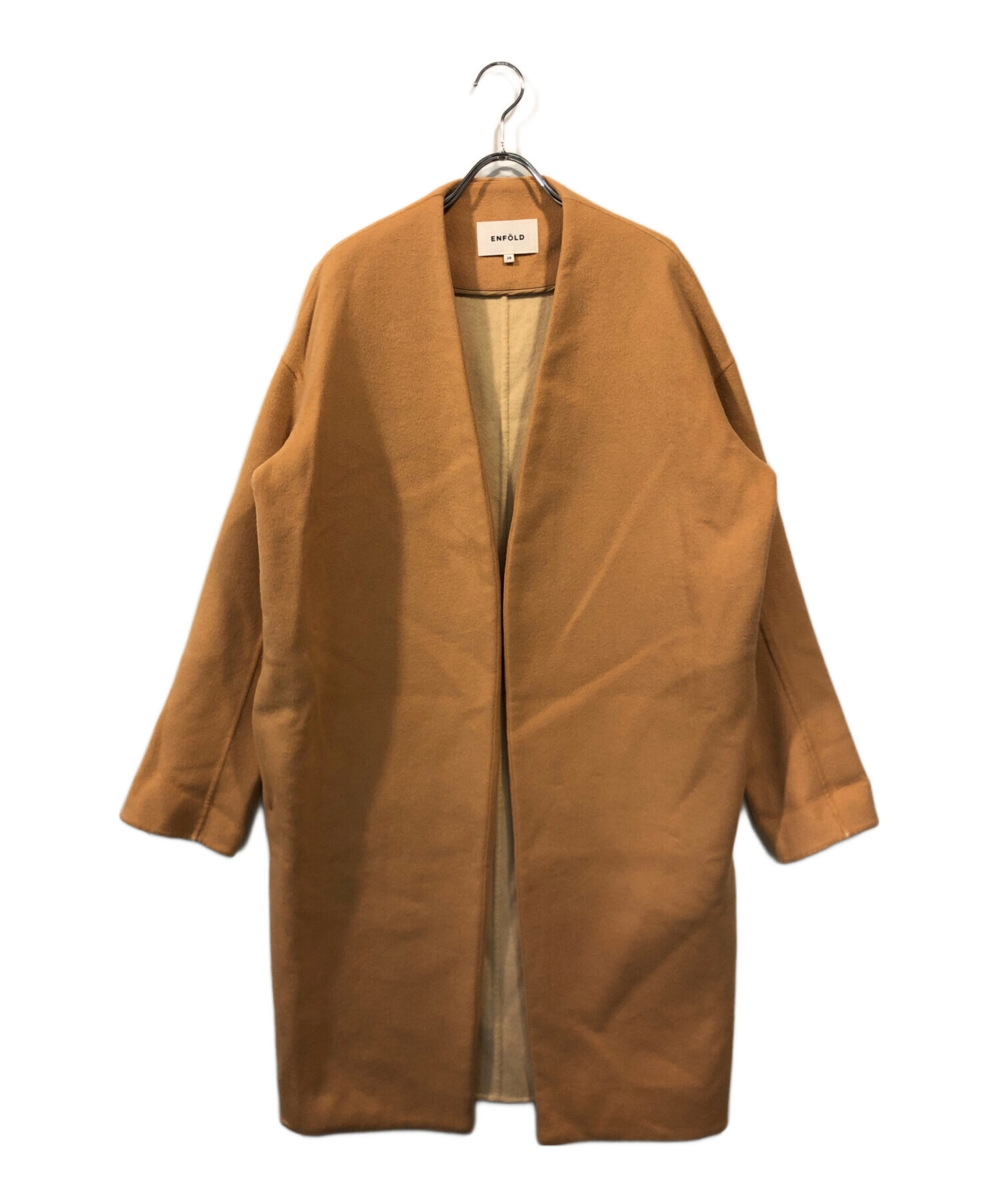 エンフォルド ENFOLD ウールリバー ノーカラーコート 38 ベージュ 中古・古着通販】ENFOLD (エンフォルド) ウールリバーノーカラーコート