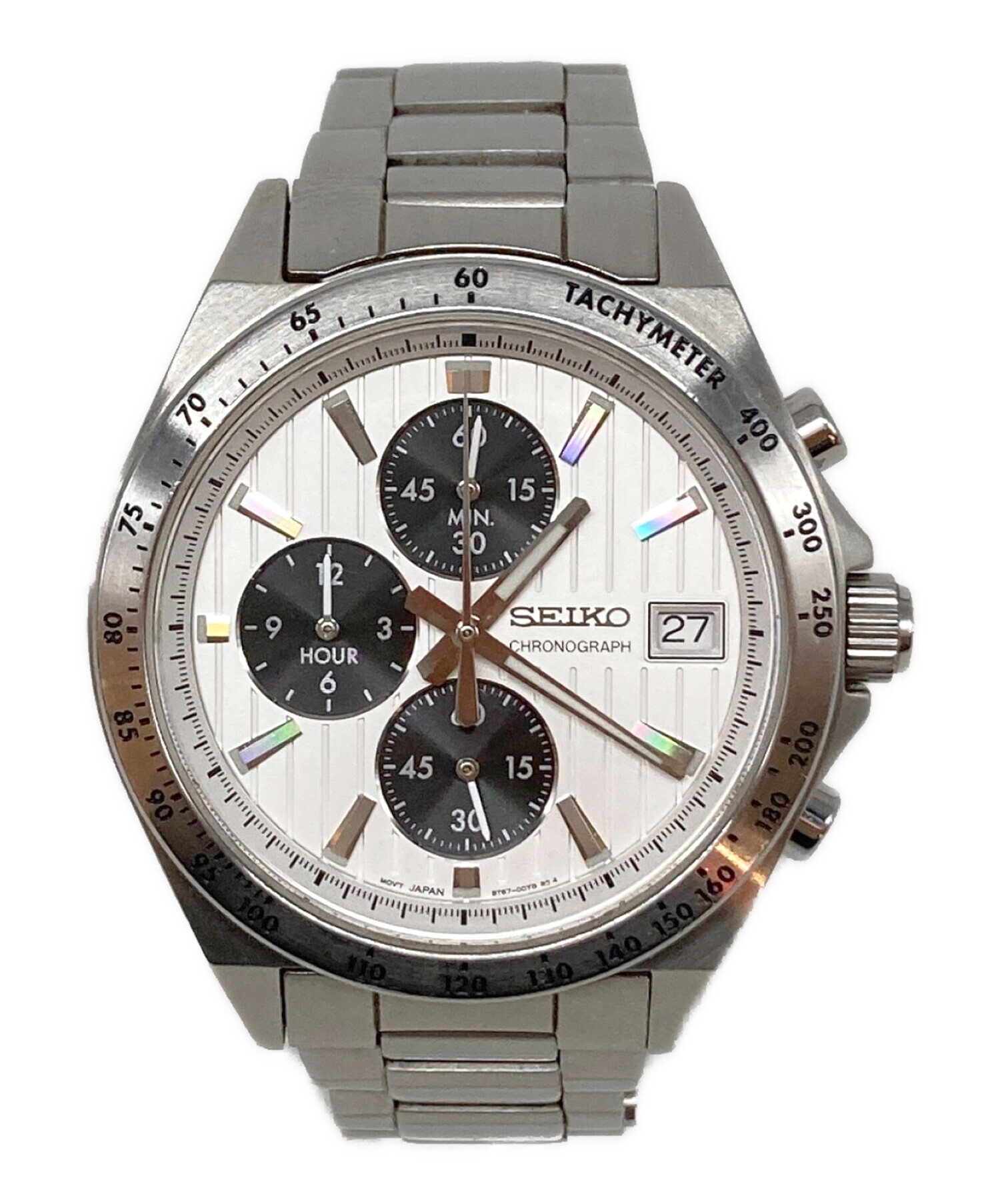 稼働美品 SEIKO クロノグラフ100m デイト シルバーウォッチ　ホワイト 中古・古着通販】SEIKO (セイコー) 腕時計 シルバー×ホワイト