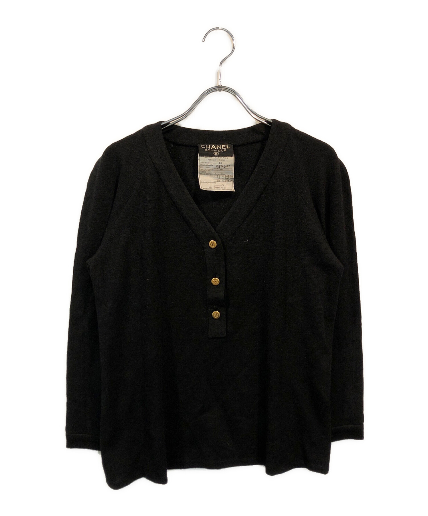 中古・古着通販】CHANEL (シャネル) Vネックニット ブラック サイズ:33 