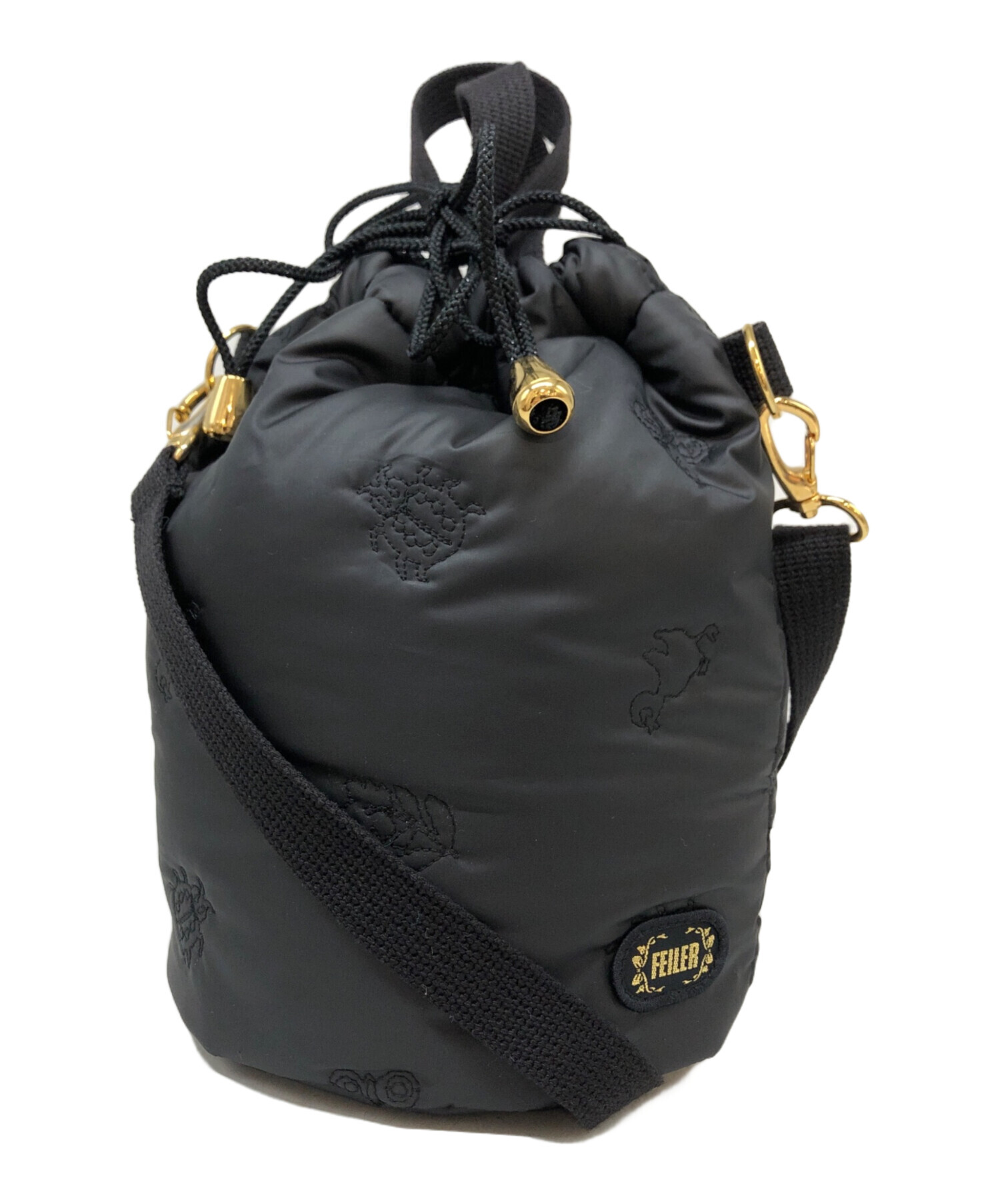 ファミリア、FEILER ハイジ エンブロイダリー巾着ショルダーバッグ ブラック 中古・古着通販】FEILER (フェイラー) 巾着ショルダーバッグ ブラック