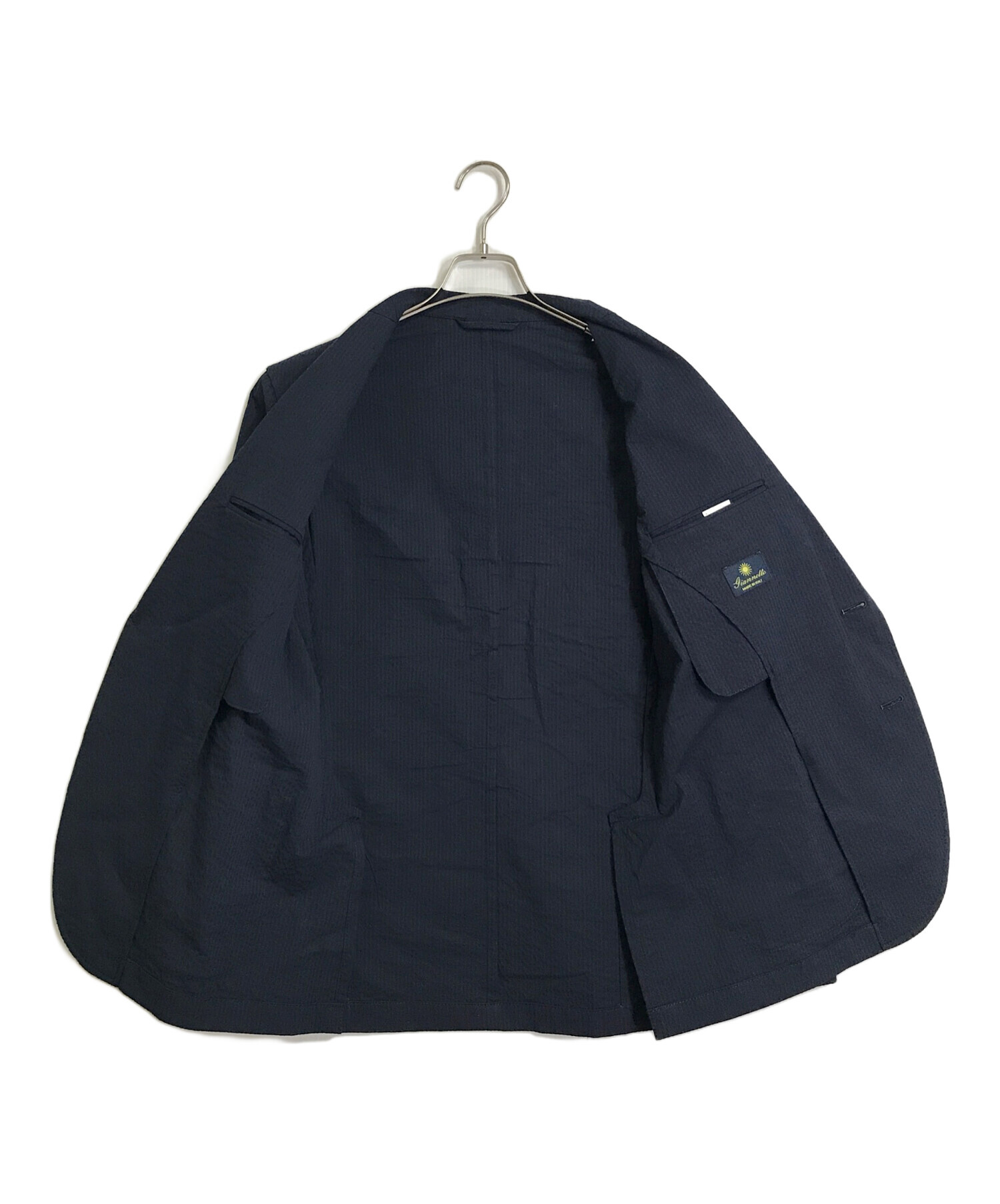 【美品】ジャンネット シアサッカー テーラードジャケット アンコン 伊製 46 ジャンネット シアサッカーテーラードジャケット46 ネイビー ジャン