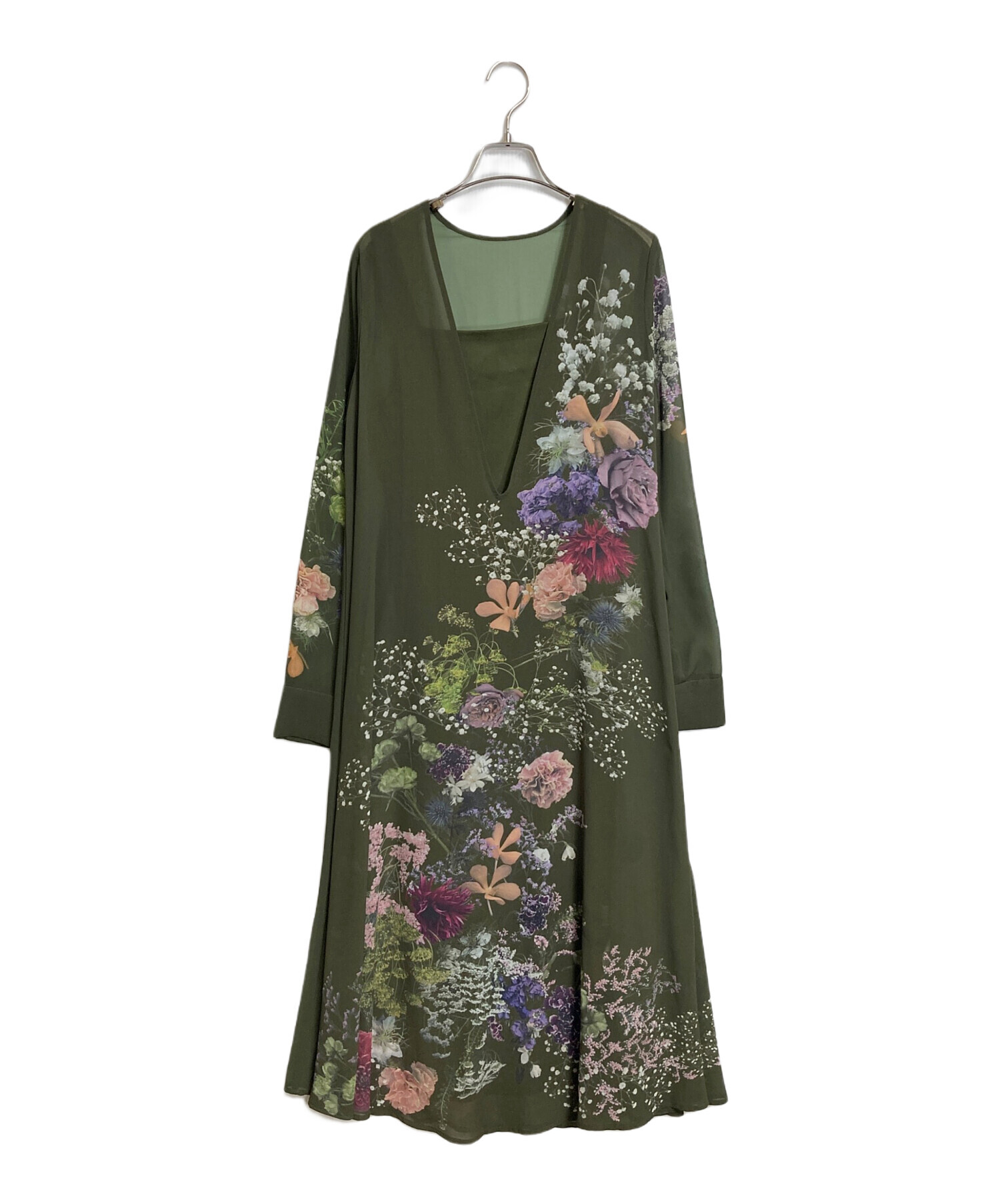 美品 アメリ ロングワンピース 長袖 チュール シアー グリーン カーキ 緑 S 美品 アメリ ロングワンピース 長袖 チュール シアー グリーン カーキ