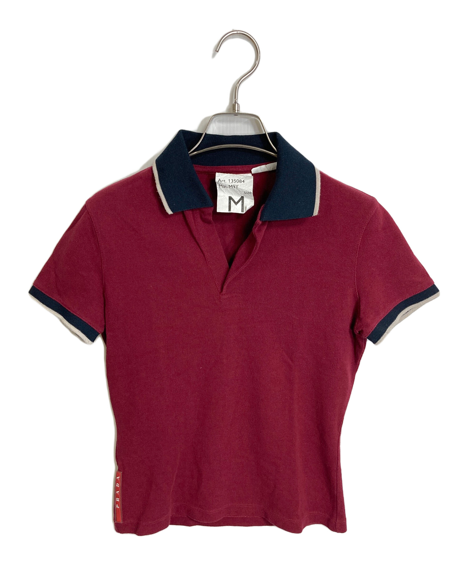 美品PRADA 赤 ポロシャツ ネイビー襟 プラダ PRADA ラバー ライン ポロシャツ 半袖 L 青 白 黒 /HK