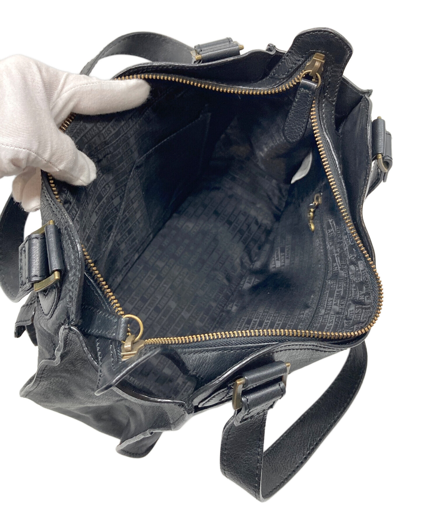 中古・古着通販】ANNA SUI (アナスイ) レザーハンドバッグ ブラック