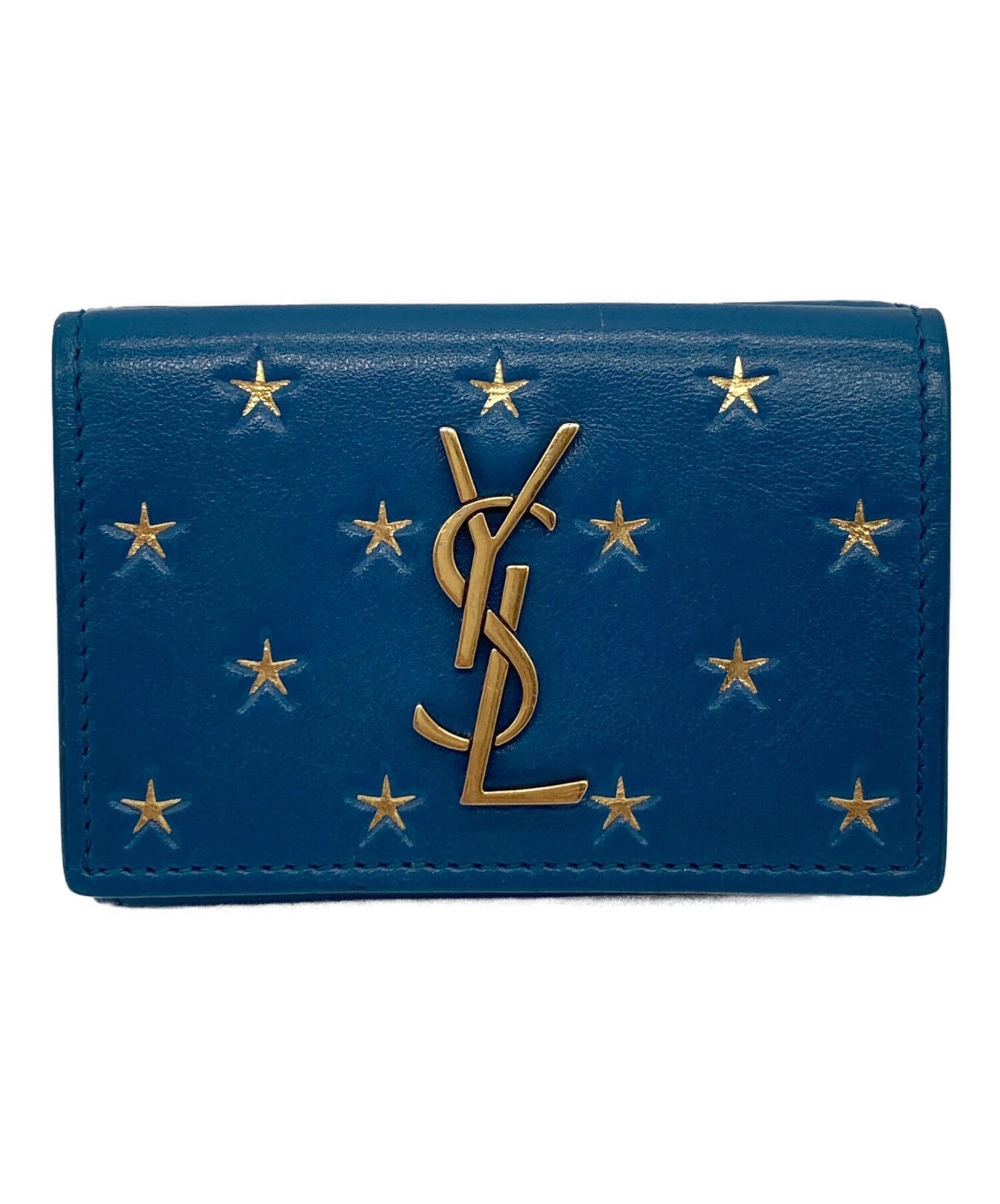 ✨極美品✨サンローラン　三つ折り　カサンドラ　キャビアスキン　 レザー　青 Saint Laurent YSL 三つ折り財布 ブルー 三つ折り財布 Saint Laurent